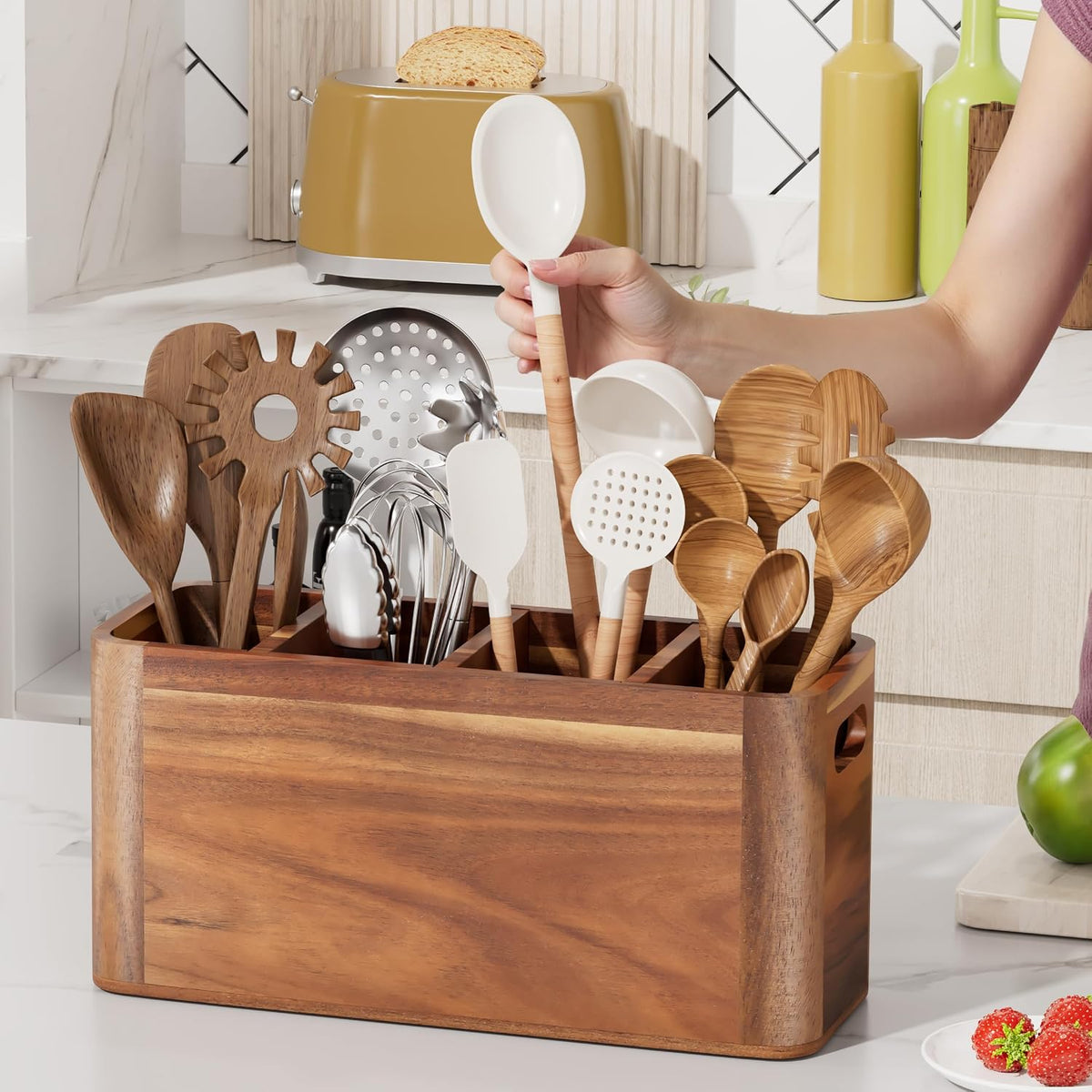 ZUJJAFY Utensil Holder, Acacia Wood Kitchen Utensil Holder for Counter with 4 Compartments, Extra Large Wooden Kitchen