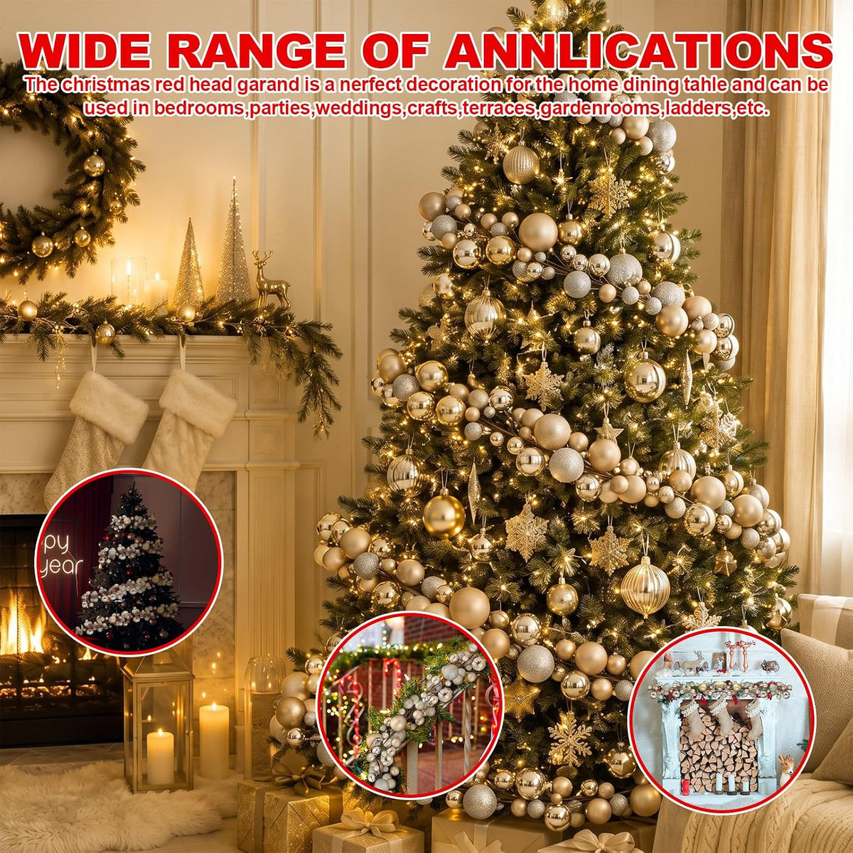 2 Pcs 9 ft Christmas Ball Ornament Garland, Champagne Gold | Bauble Bulb Christmas Tree Ball Decoration Shatterproof