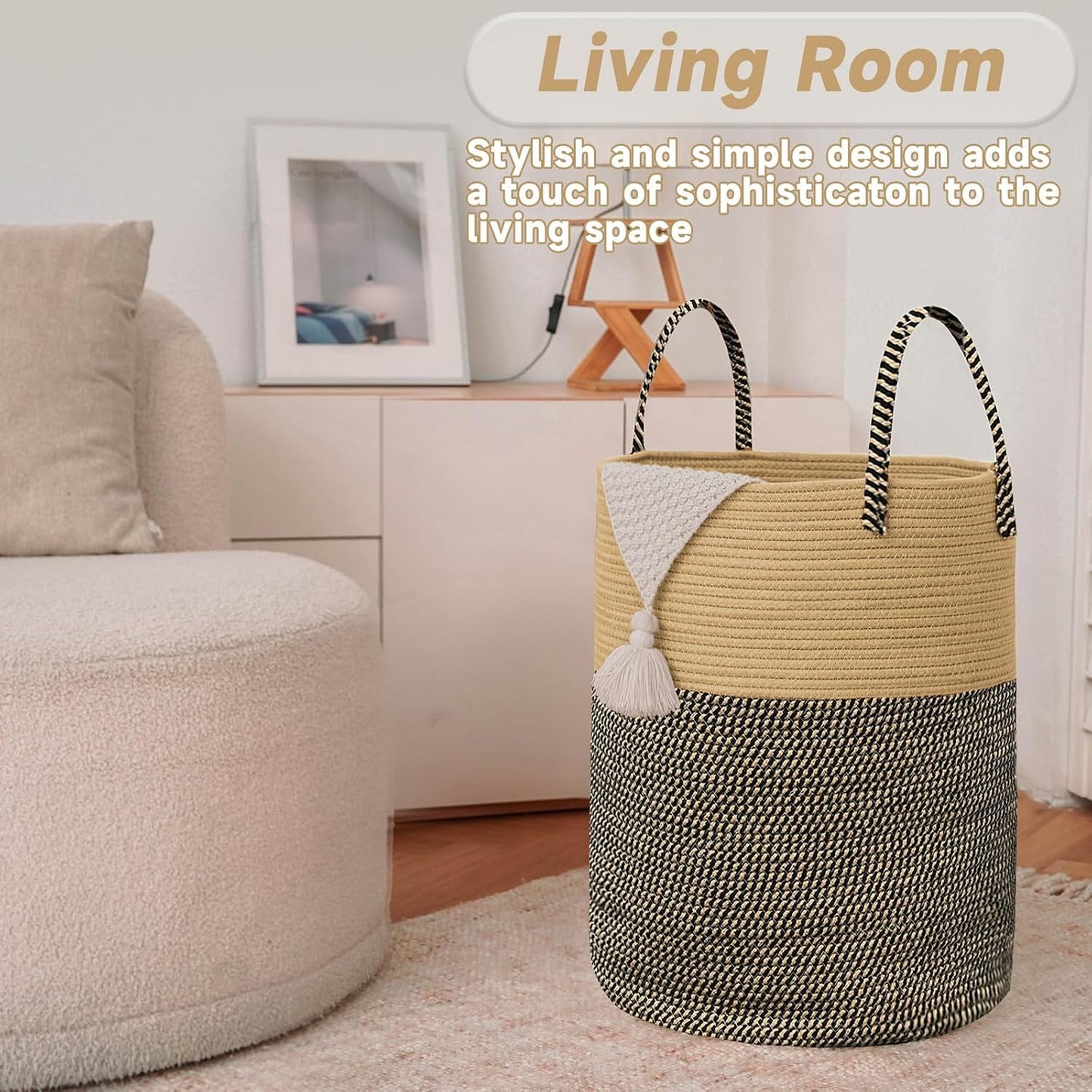 Large Woven Laundry Basket Hamper / Brown and Black / 60L