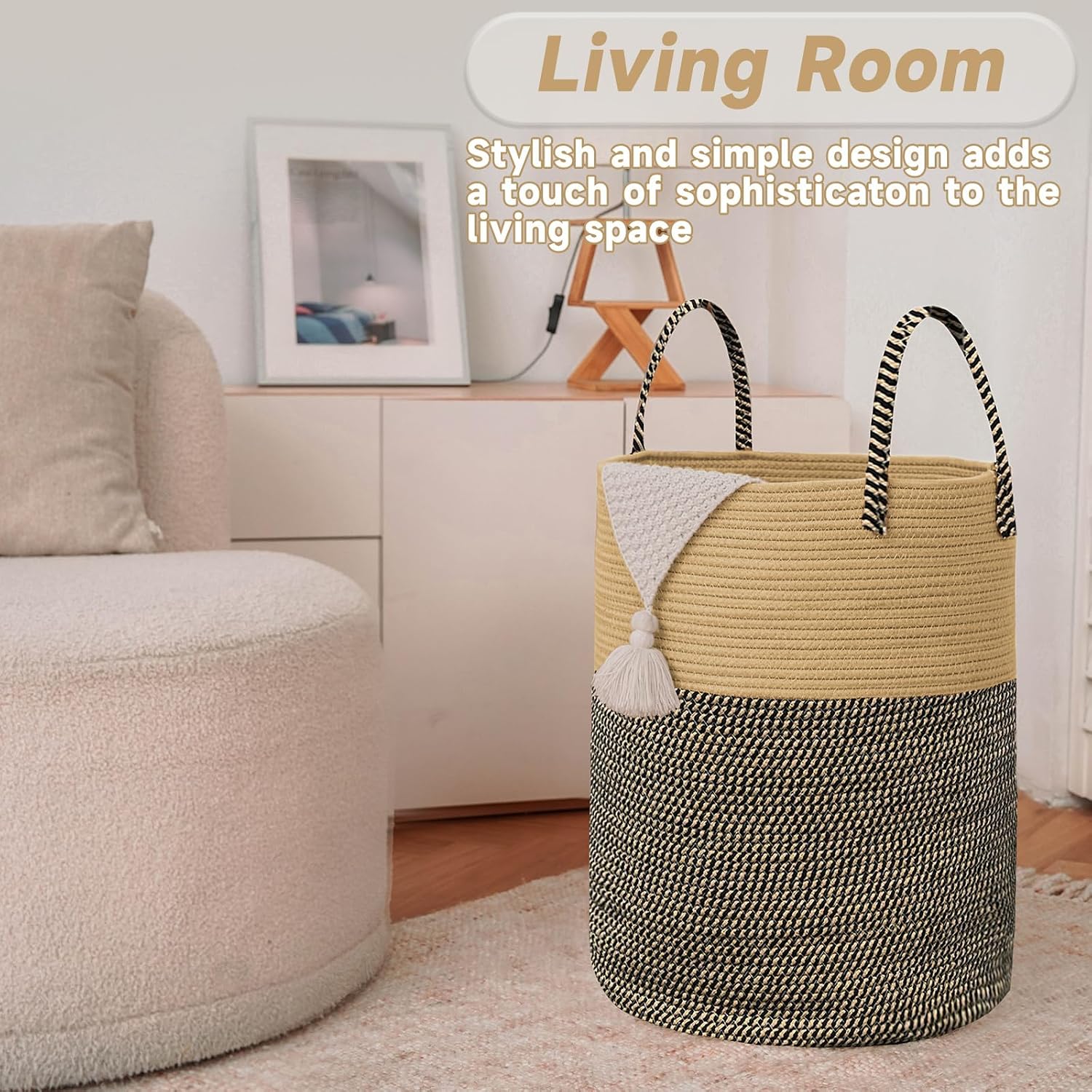 Large Woven Laundry Basket Hamper / Brown and Black / 60L