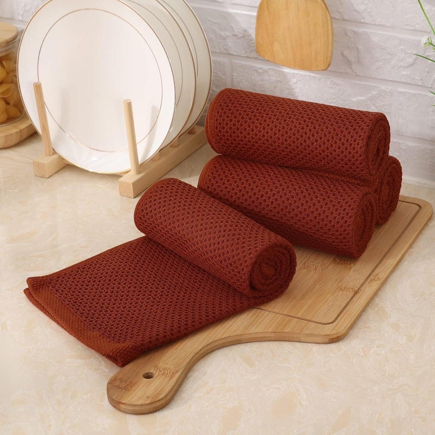 Kitinjoy 100% Cotton Waffle 8-Pack Kitchen Towels, 13" x 28", Rust | Super Soft, Ultra-Absorbent, Fast Drying