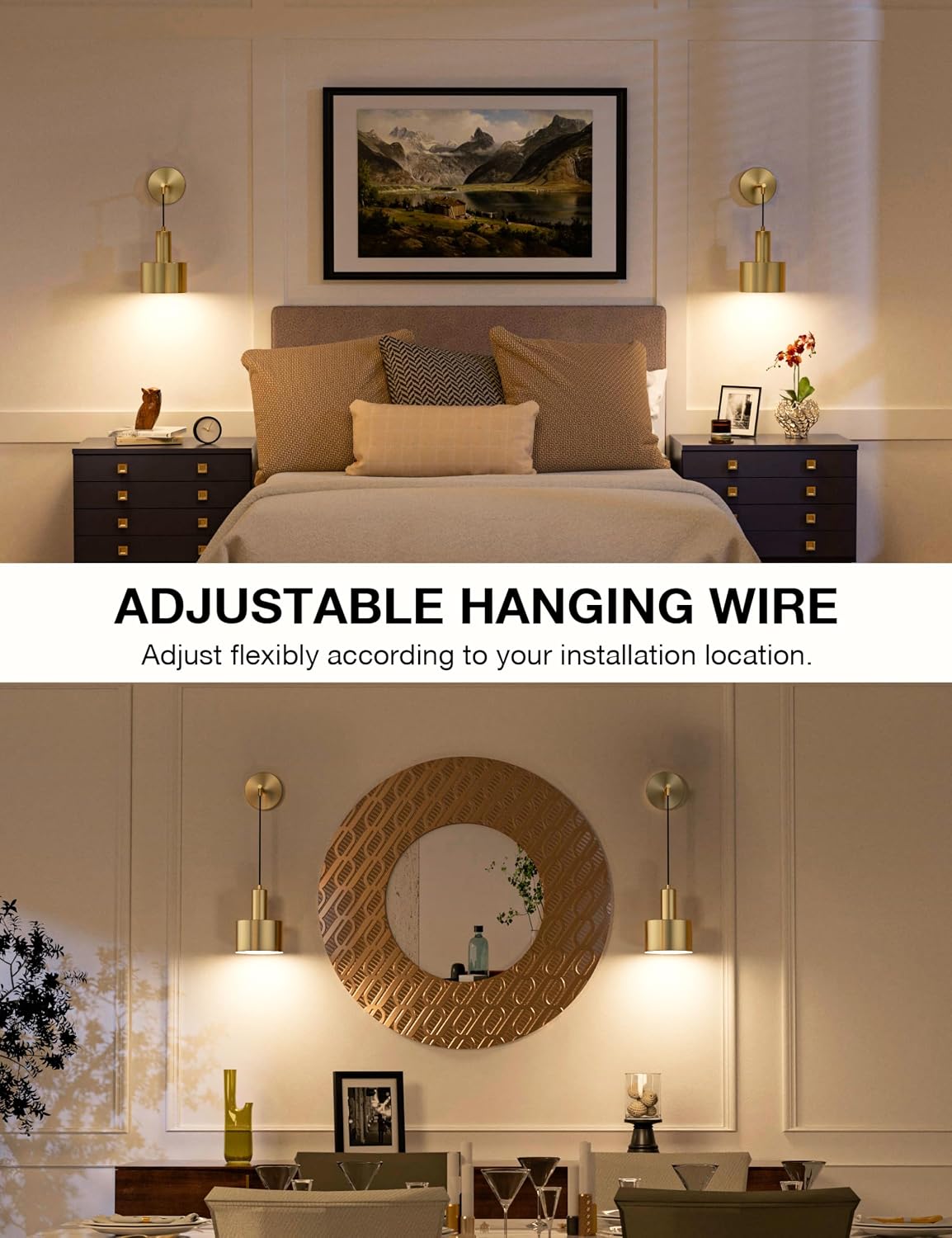 Battery Operated Wall Sconce Set of 2, Gold Wireless Rechargeable Wall Lights with 5200mAh Dimmable Detachable Bulbs