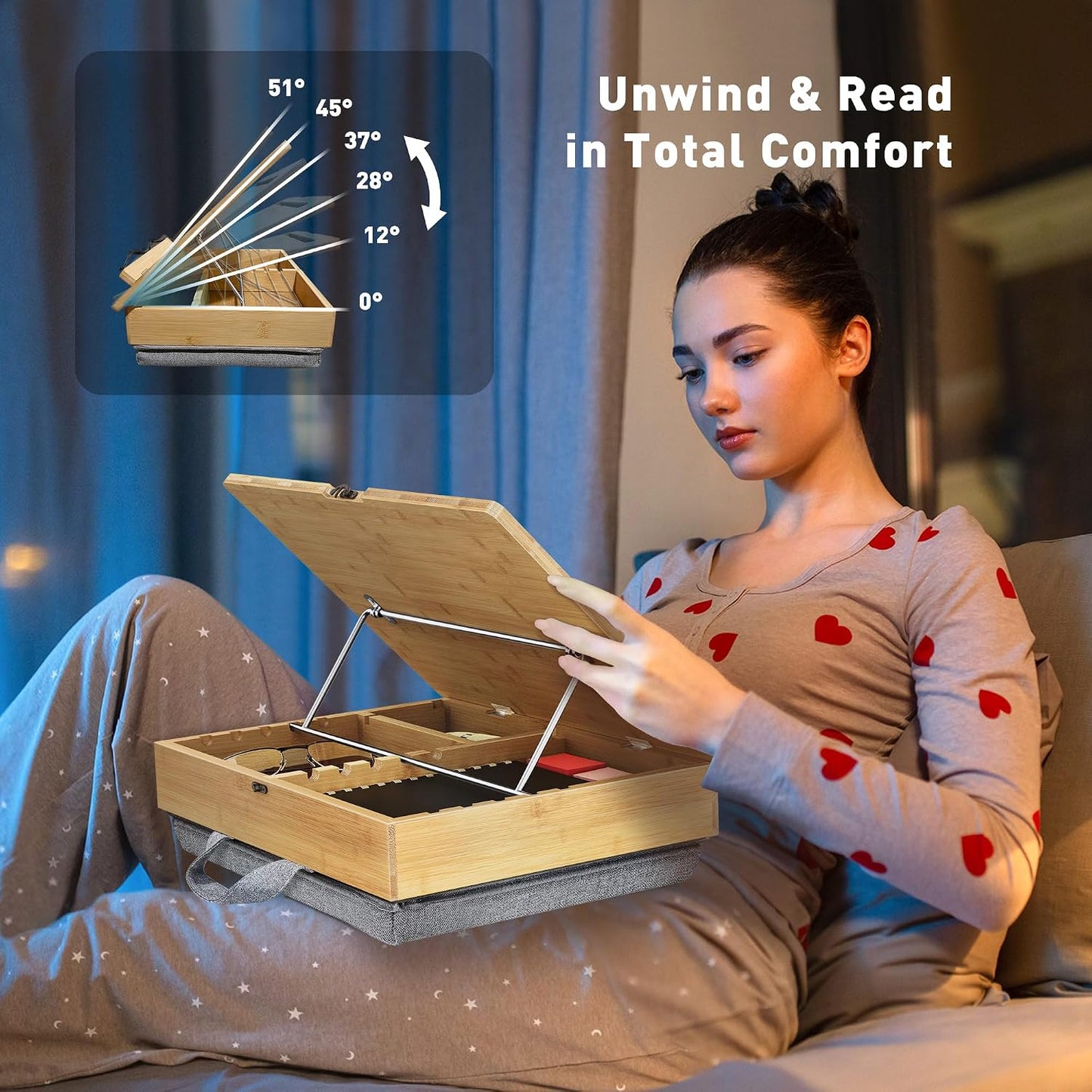 AboveTEK Book Stand for Reading with Storage, Adjustable Bamboo Book Holder with Soft Lap Cushion, Cookbook Stand