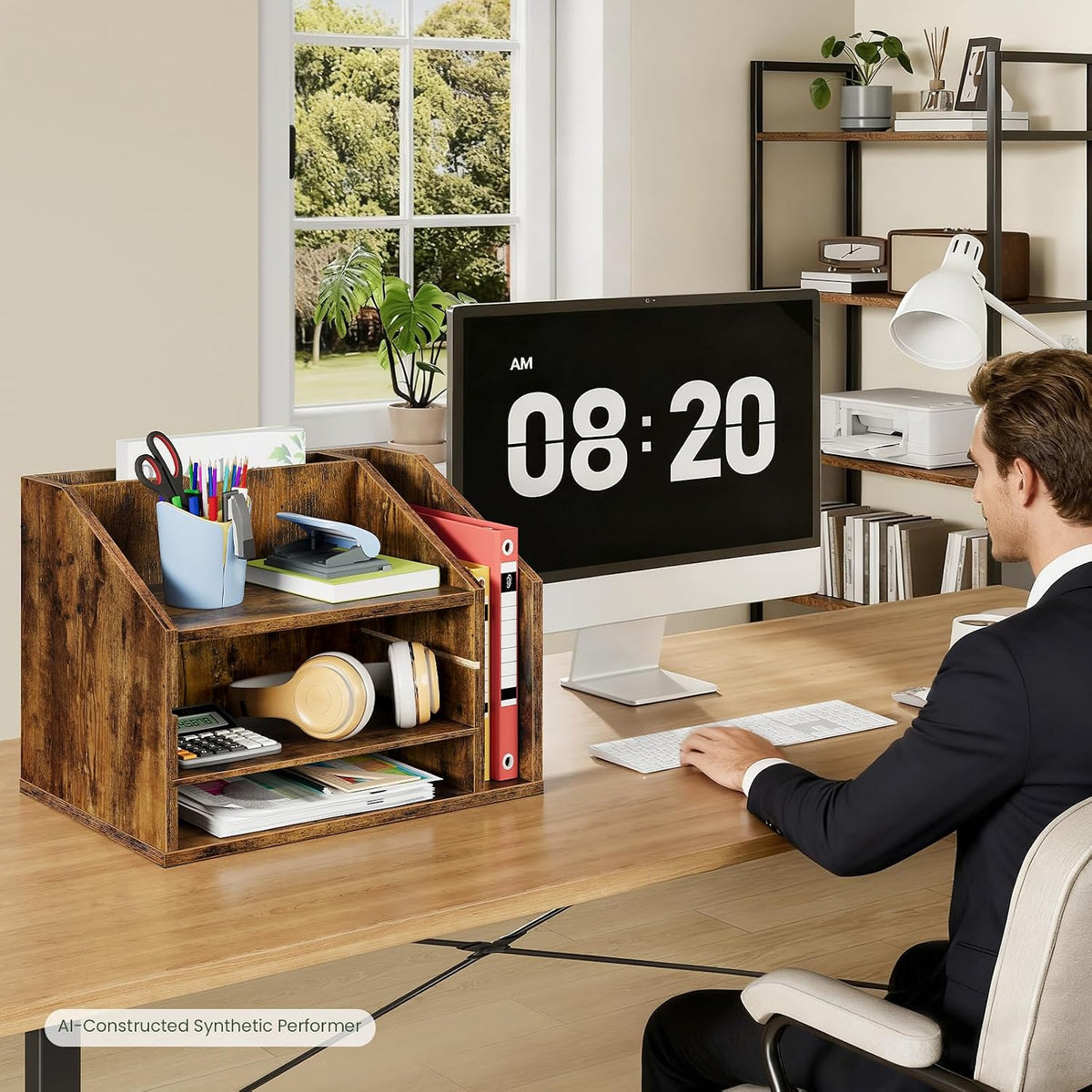 Wooden Desk Organizer with Adjustable Partitions, Multi-Layer Desktop File Holder for Home Office, Paper & Stationery