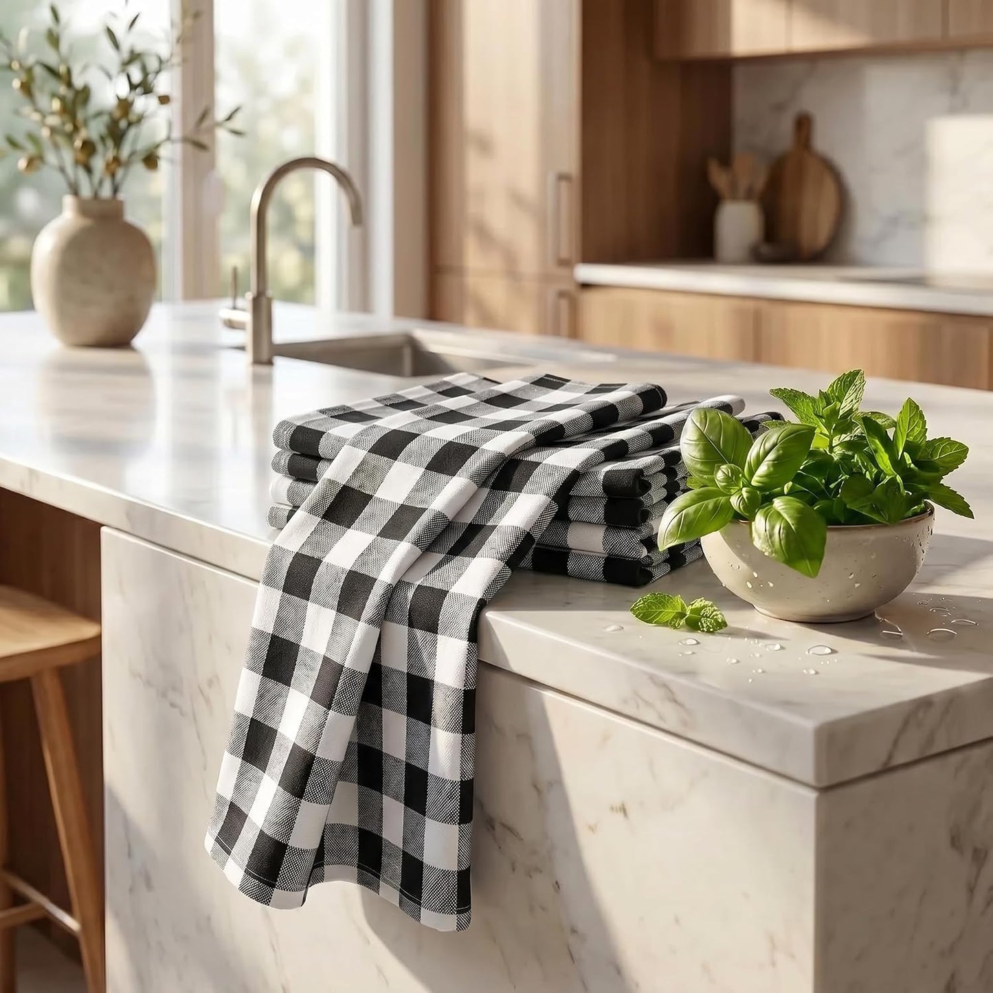 Urban Villa Kitchen Towels Cotton Dish Towels 20”x30” (Set of 6) Black Wht
