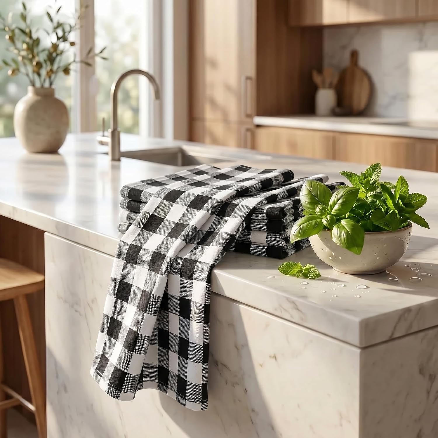Urban Villa Kitchen Towels Cotton Dish Towels 20”x30” (Set of 6) Black Wht