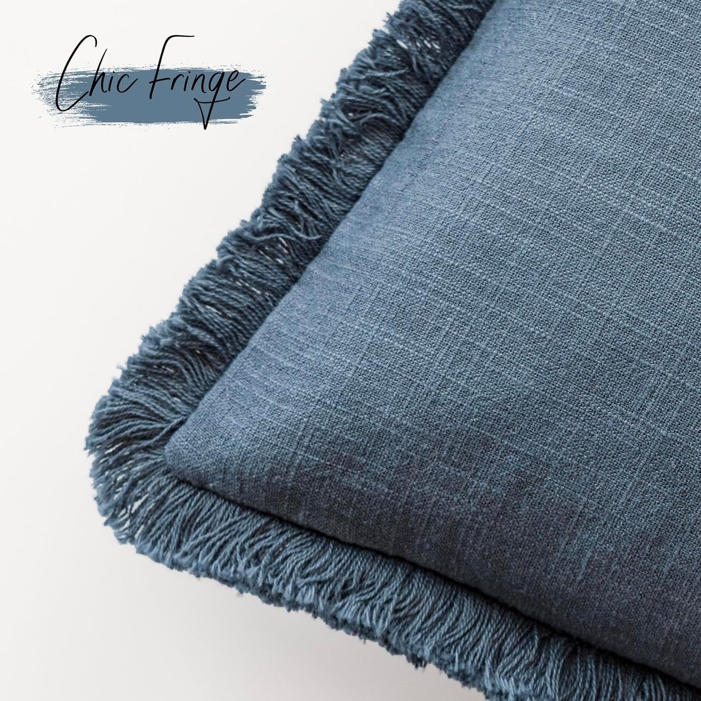 Decorative Linen Fringe Throw Pillow Covers Farmhouse Cushion / 18 x 18 / Blue Ashes / Set of 2
