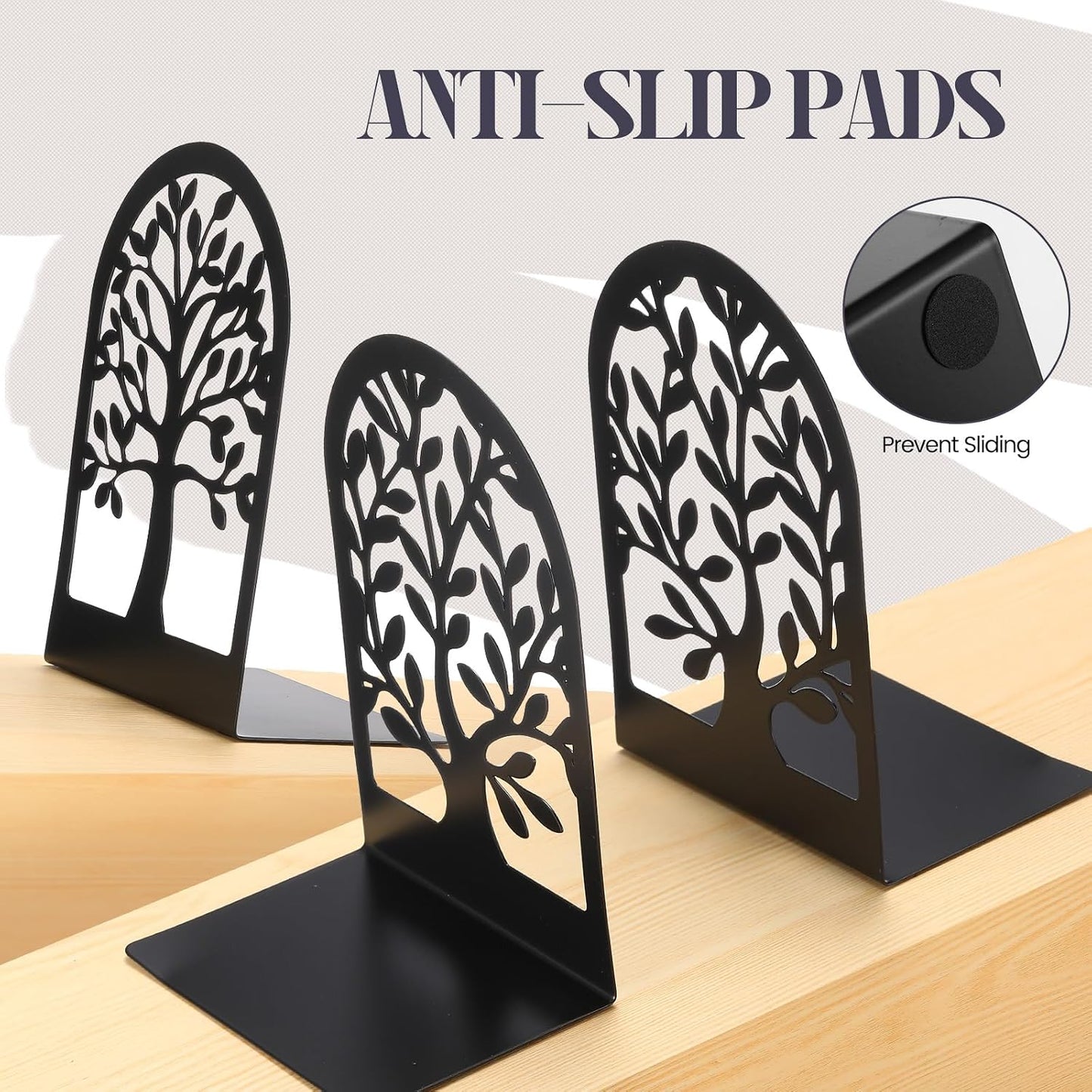 6 Pairs Decorative Book Ends Metal Bookends / Tree and Flower / Black