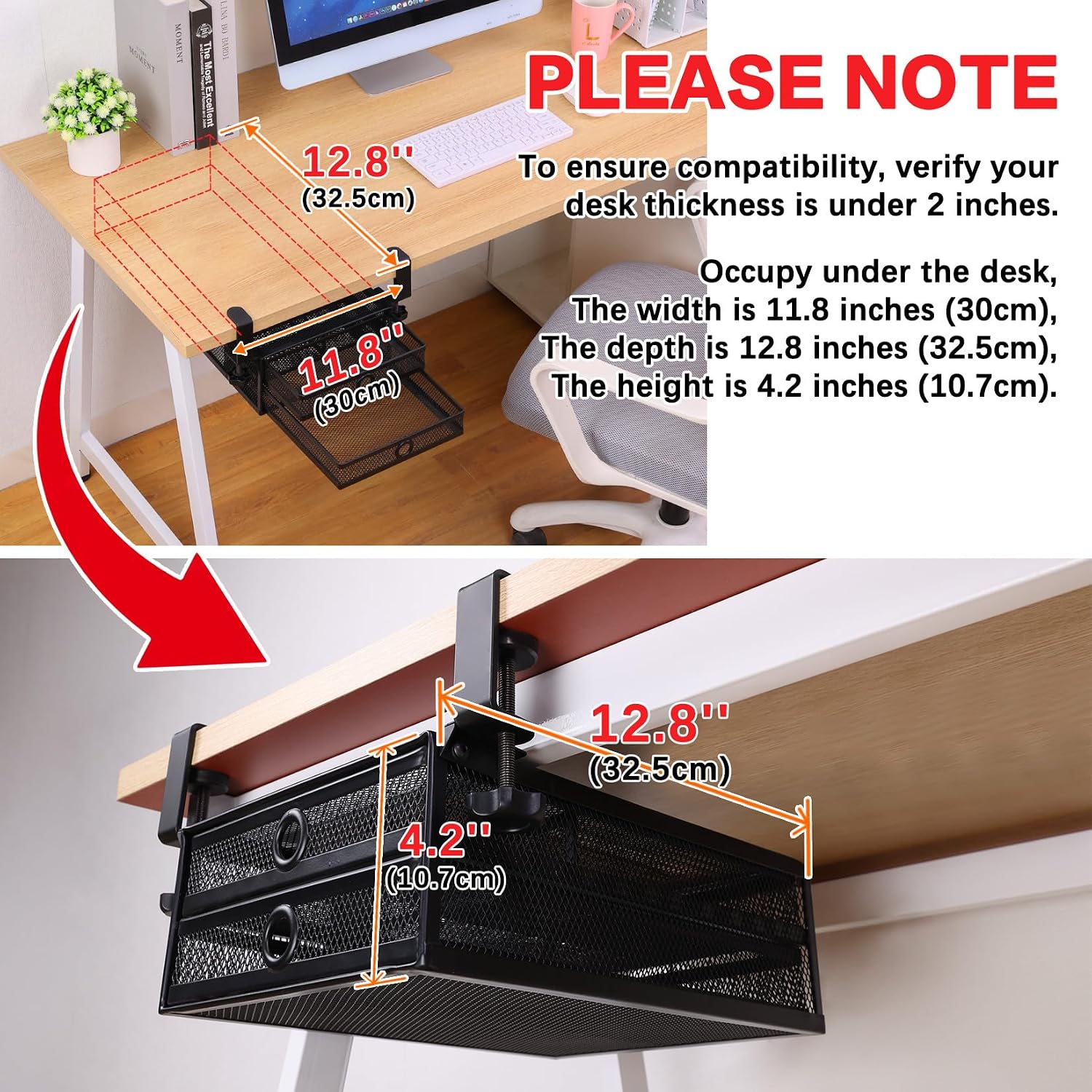 ROSYLINE Under Desk & Desktop Drawer Organizer, 2-Tier Big Capacity | Steel Construction, Clip-On No Drill