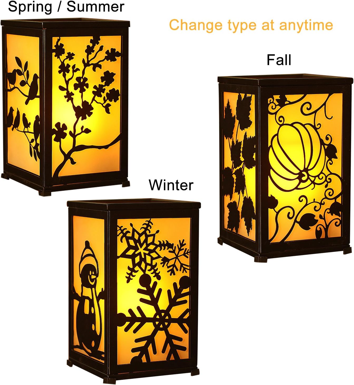 Decorative Led Candle Lantern with Timer Rustic Candle Lantern with Twelve Magnetic Seasonal Themed Panels ,5 x 5 x