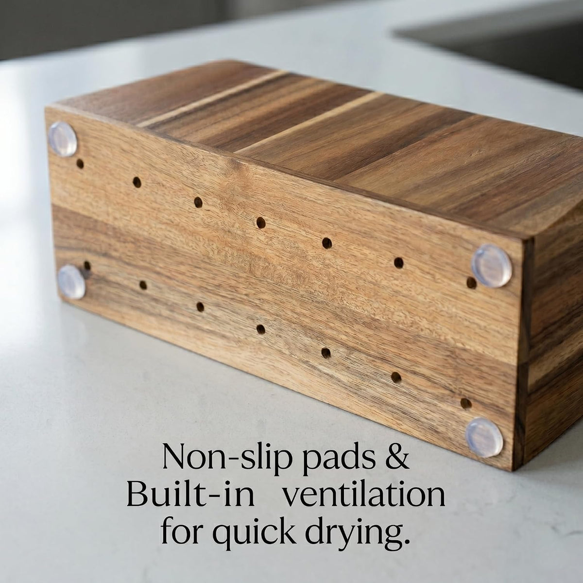 Extra Large Kitchen Utensil Holder for Countertop – Acacia Wood Utensil Holder with 4 Compartments, Beveled Edges