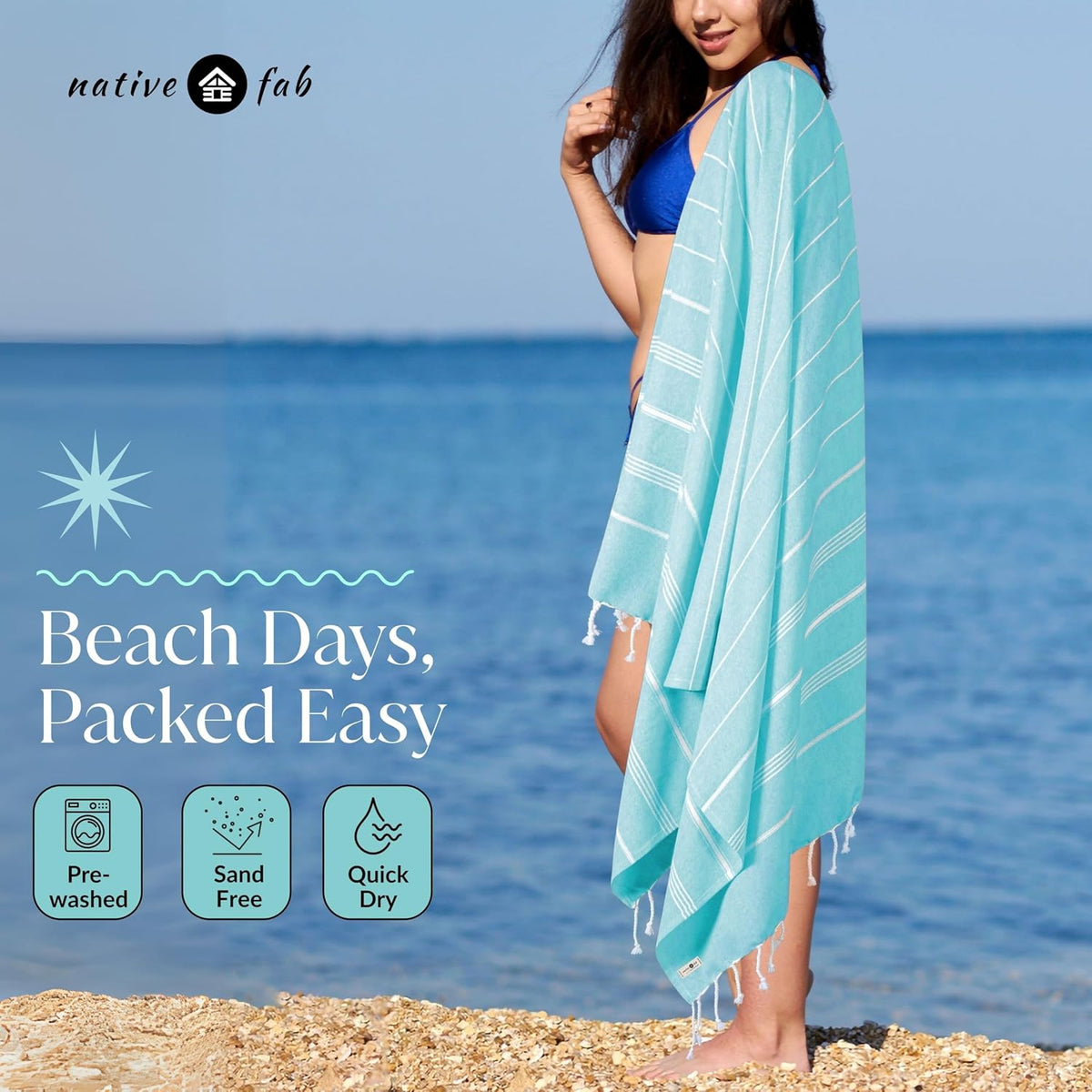 Native Fab Turkish Cotton Beach Towels Set of 6, Oversized 40x71 Inches, Thin & Lightweight, Quick Drying, Sand