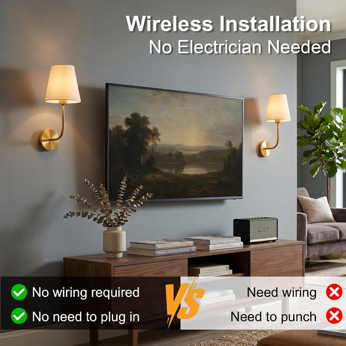 Gold Battery Operated Wall Light Set of Two, Wireless Wall Sconces with Remote Control & 3 CCT Color Temperature