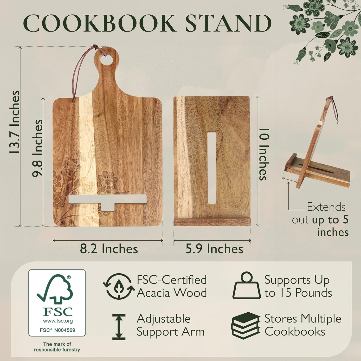 Wooden Cookbook Stand for Kitchen Counter - Reversible Recipe Book Holder with Cooking Measurement Conversion Card