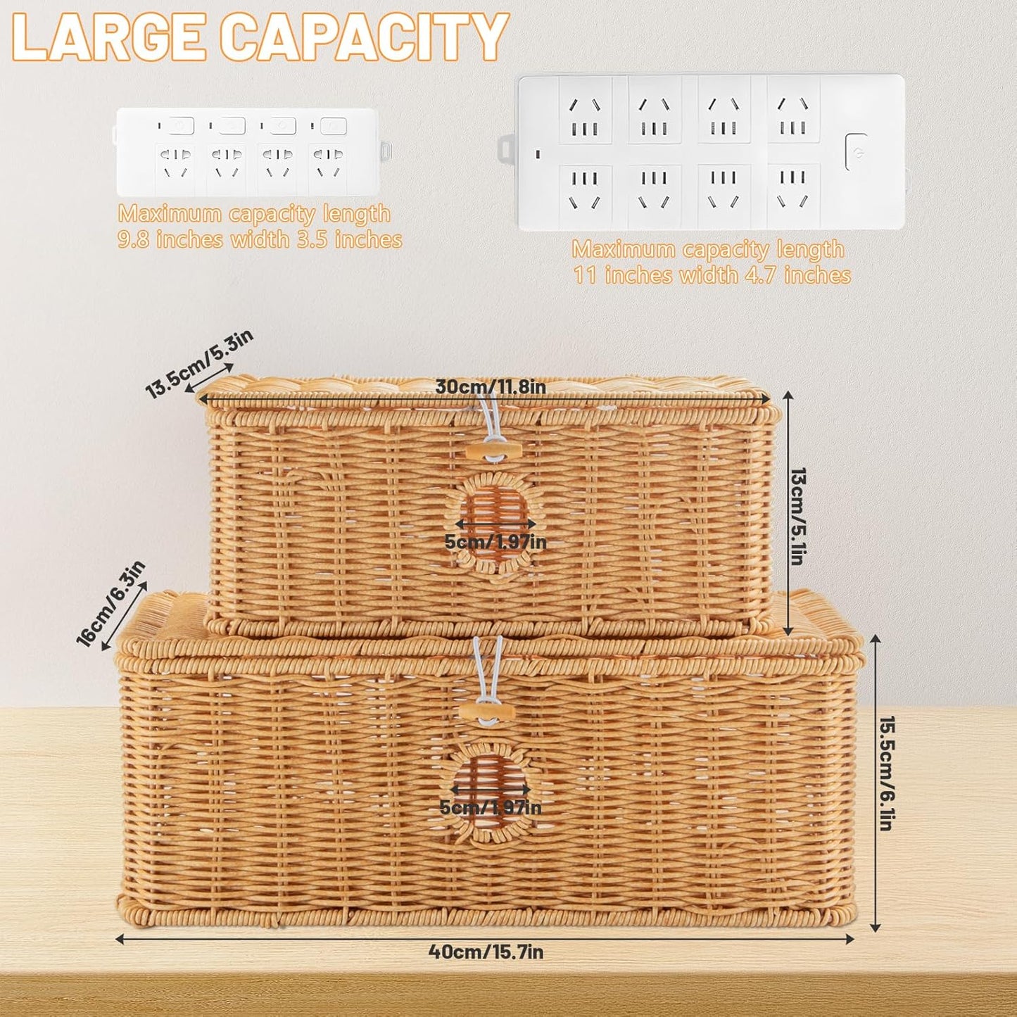 Handmade Cable Management Boxes Rattan Cable Organizer Large & Medium Cord Hider / Set of 2