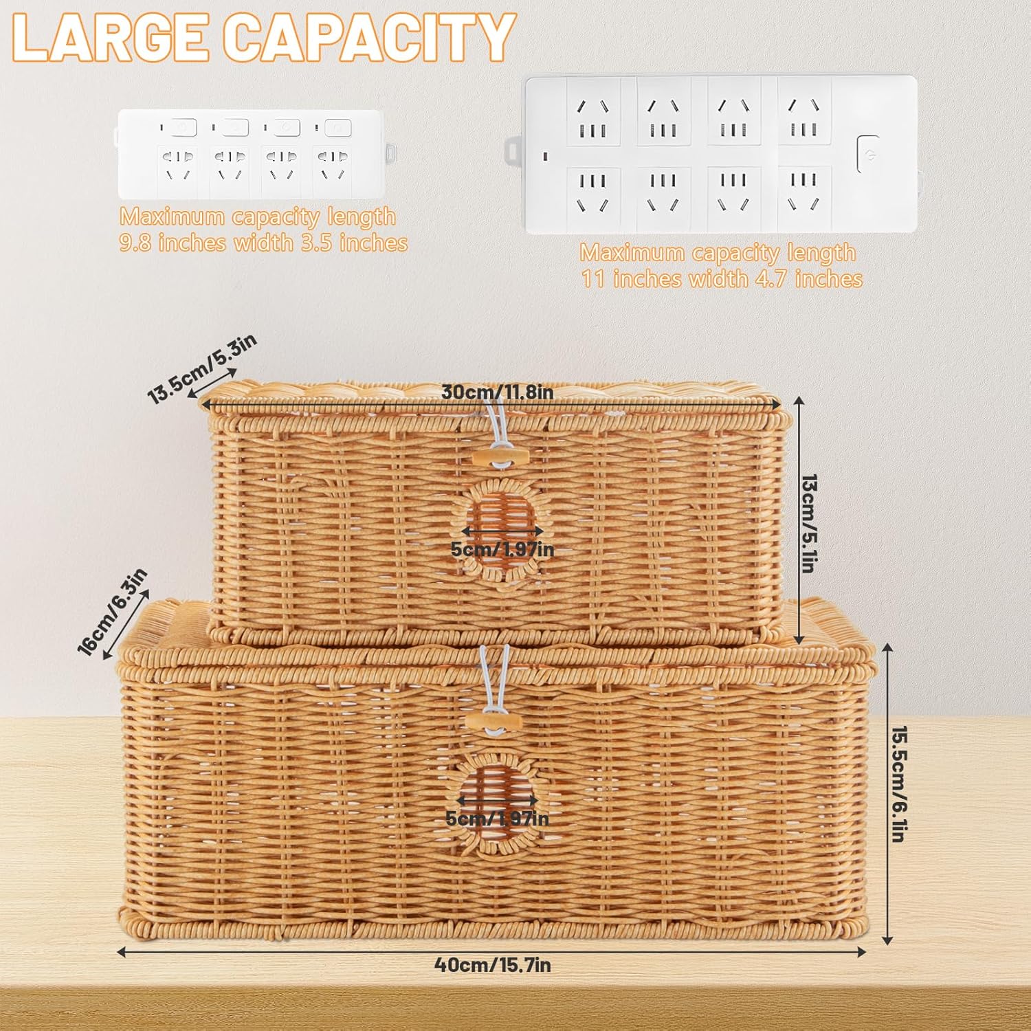 Handmade Cable Management Boxes Rattan Cable Organizer Large & Medium Cord Hider / Set of 2