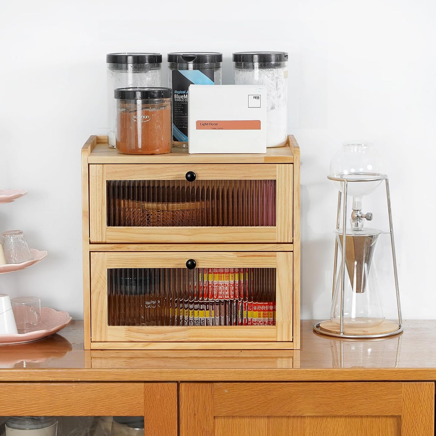 Sunhoo Bread Box for Kitchen Countertop Wooden Bread Storage Container Bin 2 Layer Breadbox Holder Large Capacity