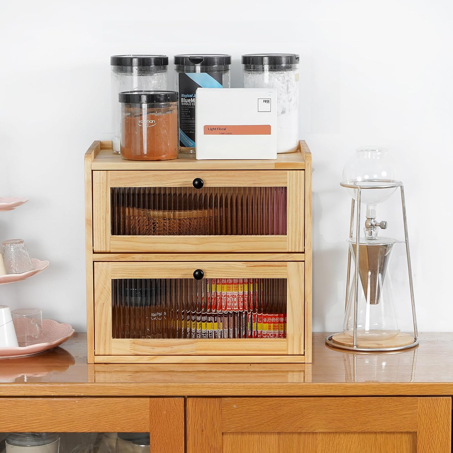 Sunhoo Bread Box for Kitchen Countertop Wooden Bread Storage Container Bin 2 Layer Breadbox Holder Large Capacity