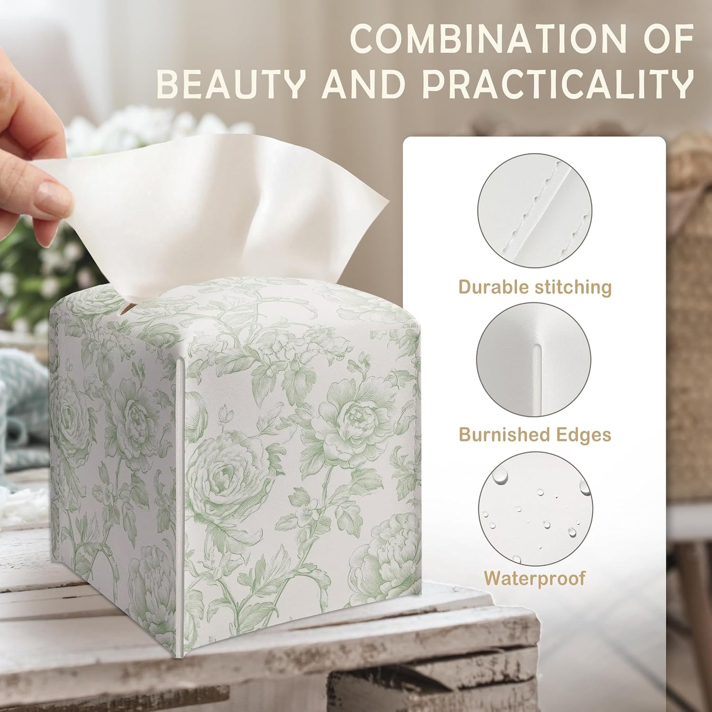 Tissue Box Cover / Green and White Floral