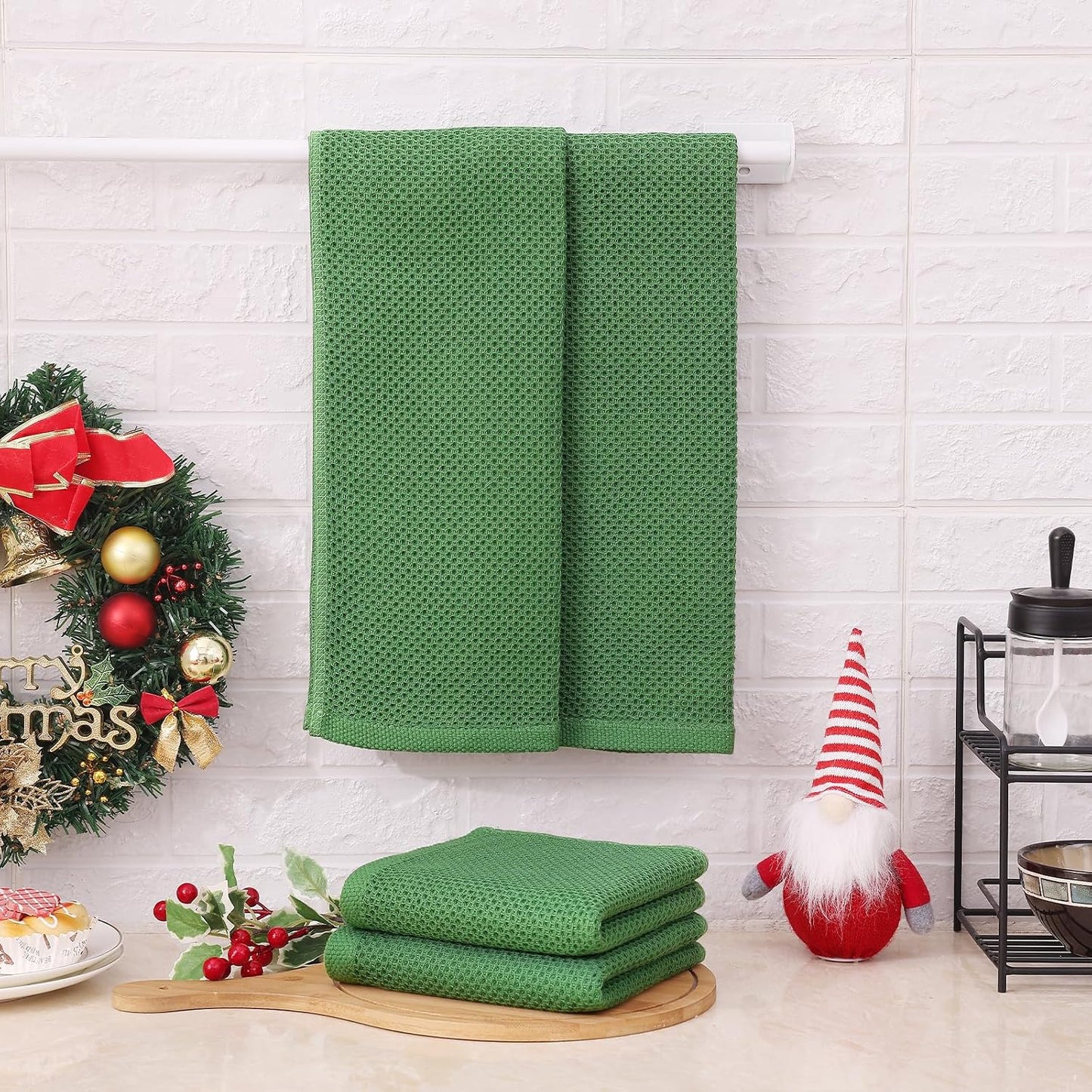 Kitinjoy 100% Cotton Waffle 8-Pack Kitchen Towels, 13" x 28", Grass Green | Super Soft, Ultra-Absorbent, Fast Drying