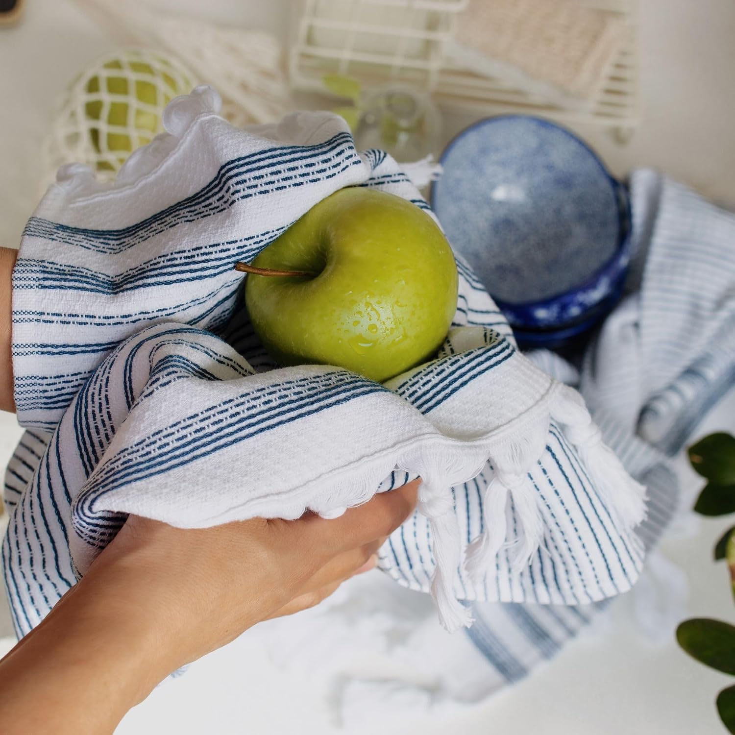 Tabea Turkish Cotton Hand Towels Set of 2 – Decorative Kitchen & Bathroom Towels with Woven Front and Terry Backing