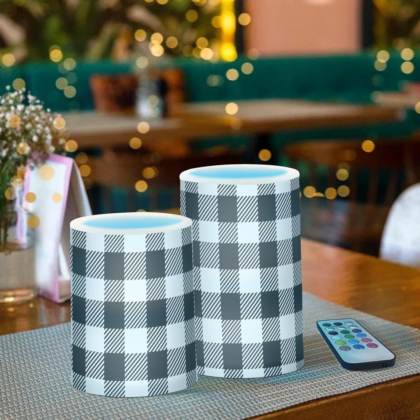 Flickering Flameless Candles, Black White Buffalo Plaid LED Candles with Remote Timer, Set of 2 Battery Operated Candle