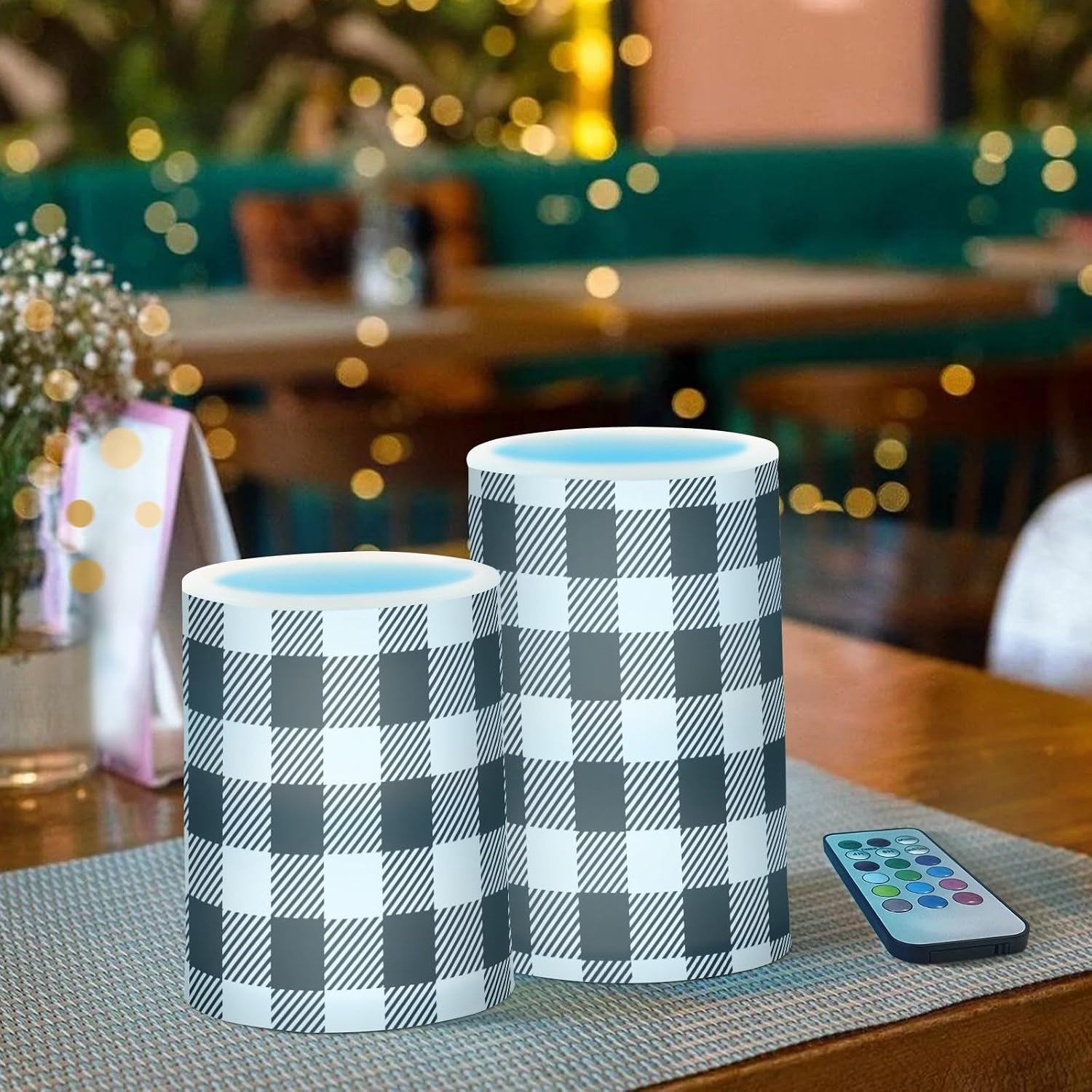 Flickering Flameless Candles, Black White Buffalo Plaid LED Candles with Remote Timer, Set of 2 Battery Operated Candle
