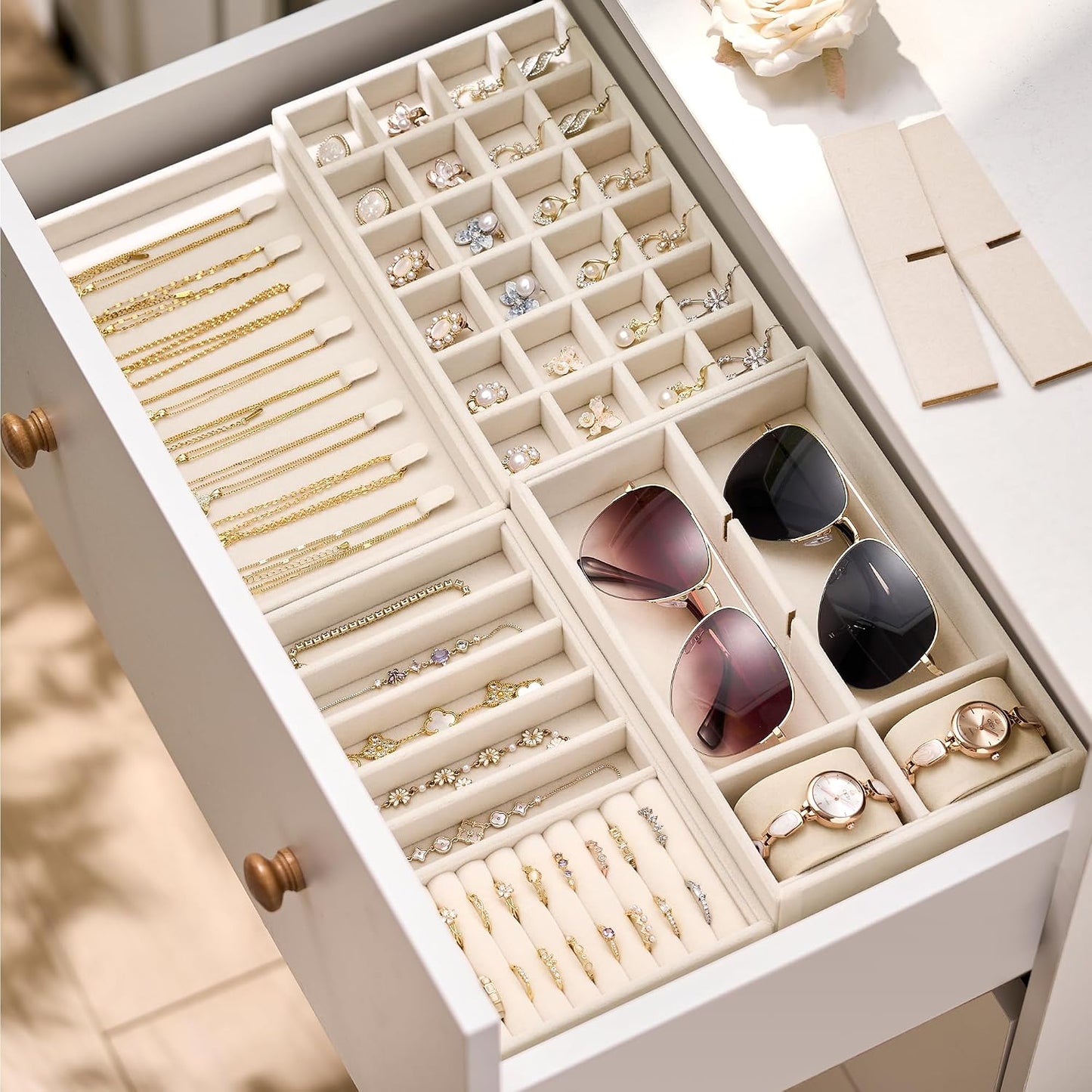 Velvet Jewelry Drawer Organizer Trays / Beige / Compact