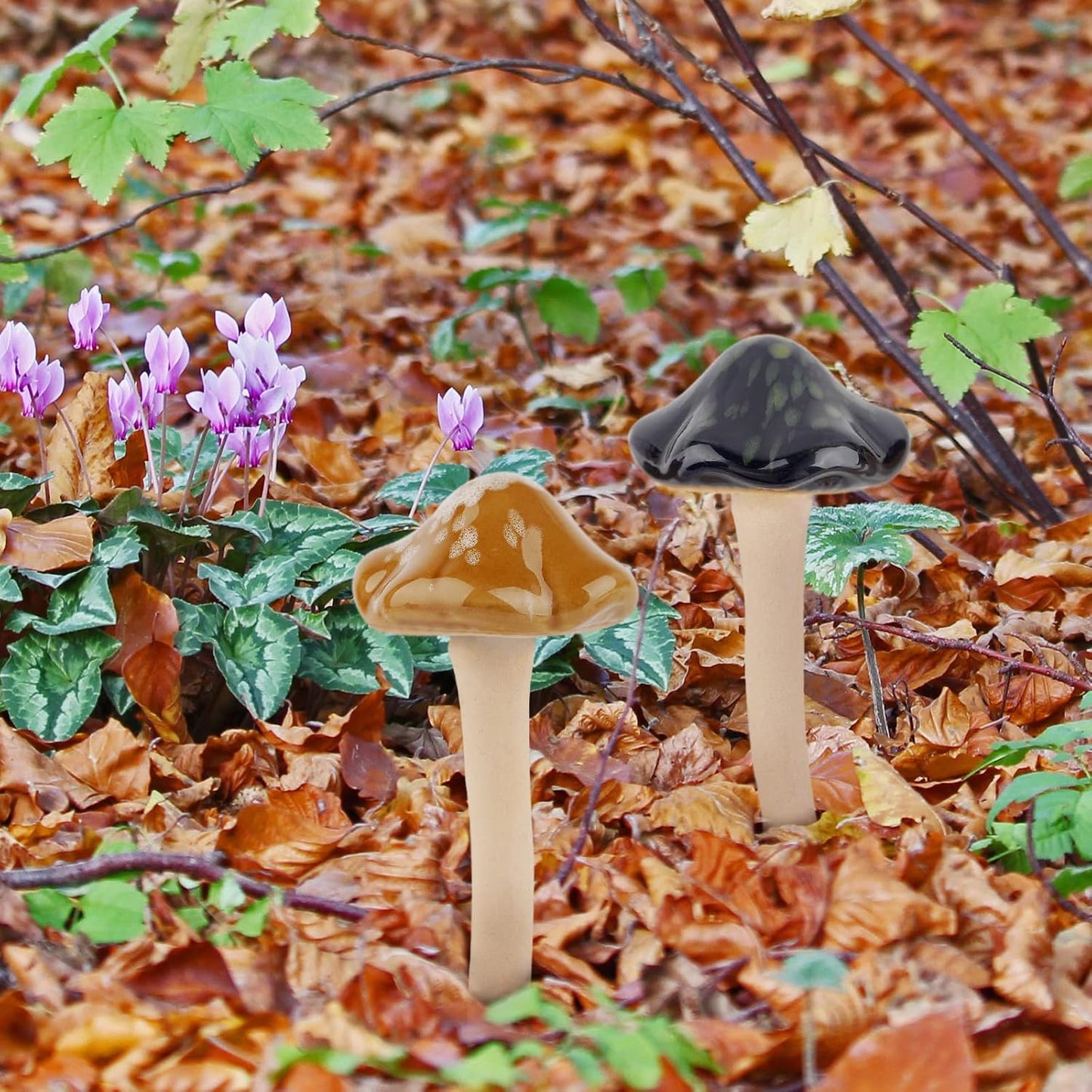 Ceramic Garden Mushrooms Figurine Decorative Plants Stakes Accessories Lawn / Blooming-1 / Set of 8