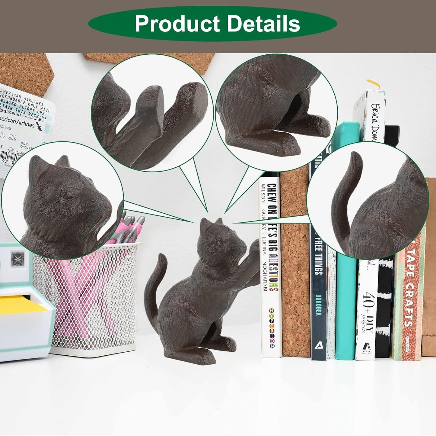 Decorative Bookends / Unique Cast Iron Animal Shape Book Ends to Hold Books Heavy Duty / Cat