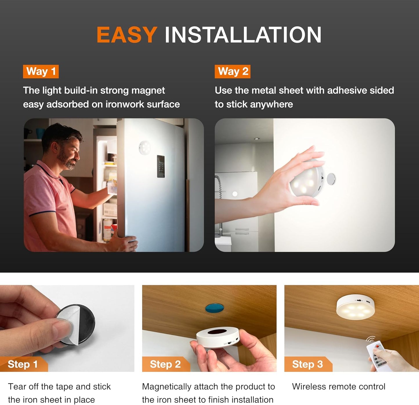 Puck Lights with Remote Control,Under Cabinet Lighting,Cool White,6 pcs | Stick On Lights,Magnetic,Cordless,1200mAh