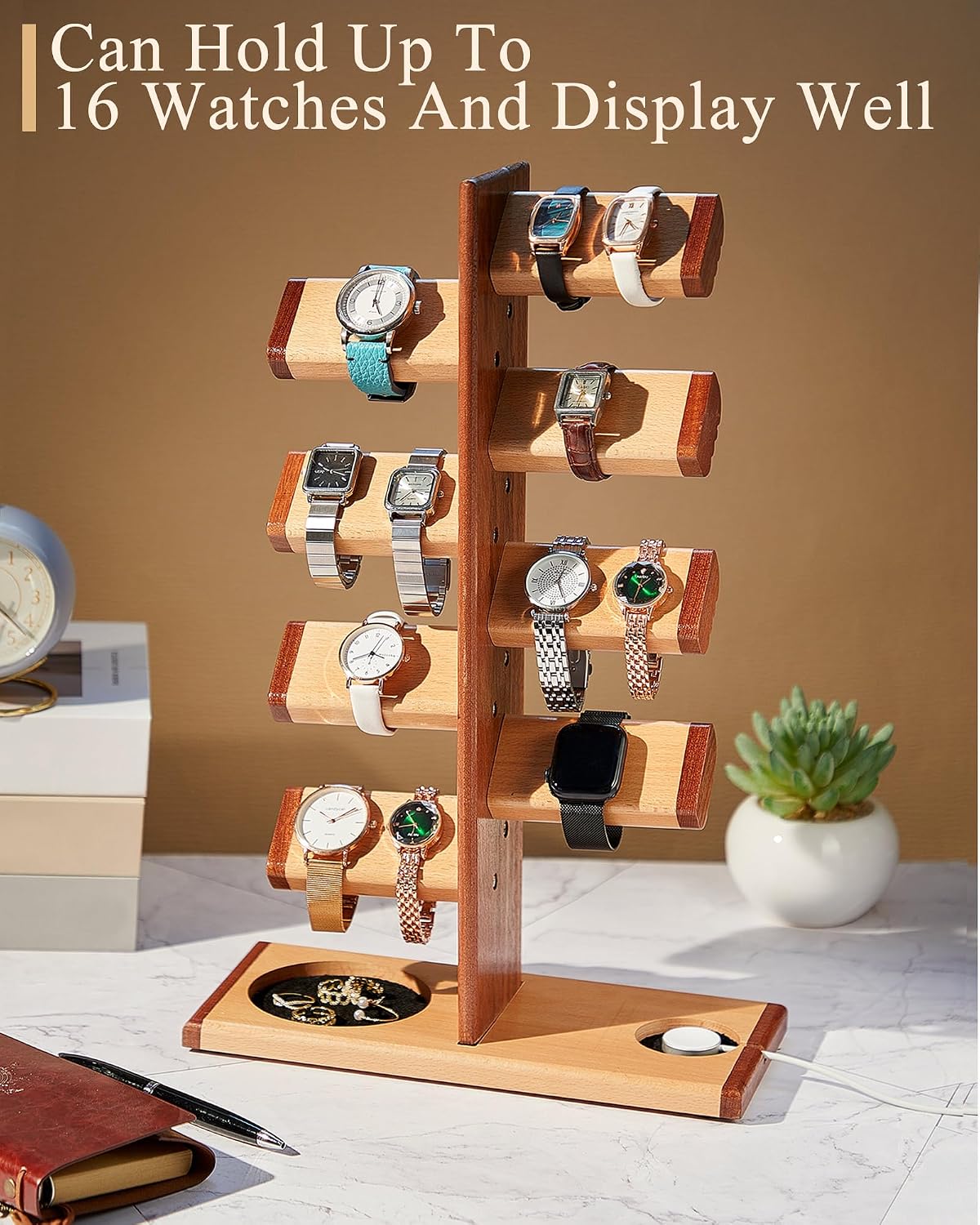 Vercraft Wooden Watch Stand Watch Display Holder Tower Wood Display Stand with Charging Station Jewelry Organizer for