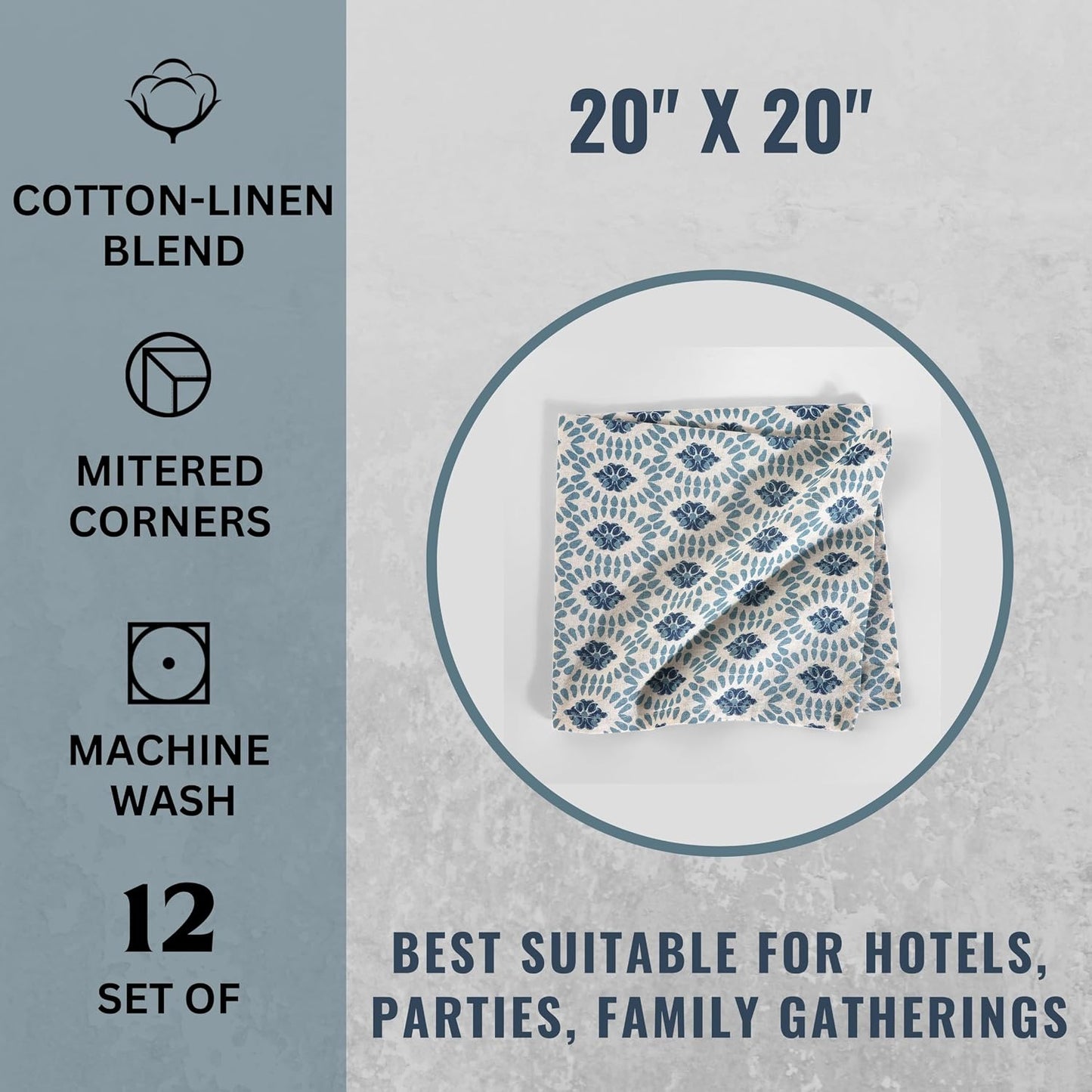 FINGERCRAFT Cloth Napkins Set of 12 Cotton Linen, 20x20 in Moroccan Beauty | Mitered corner, washable, soft, absorbent