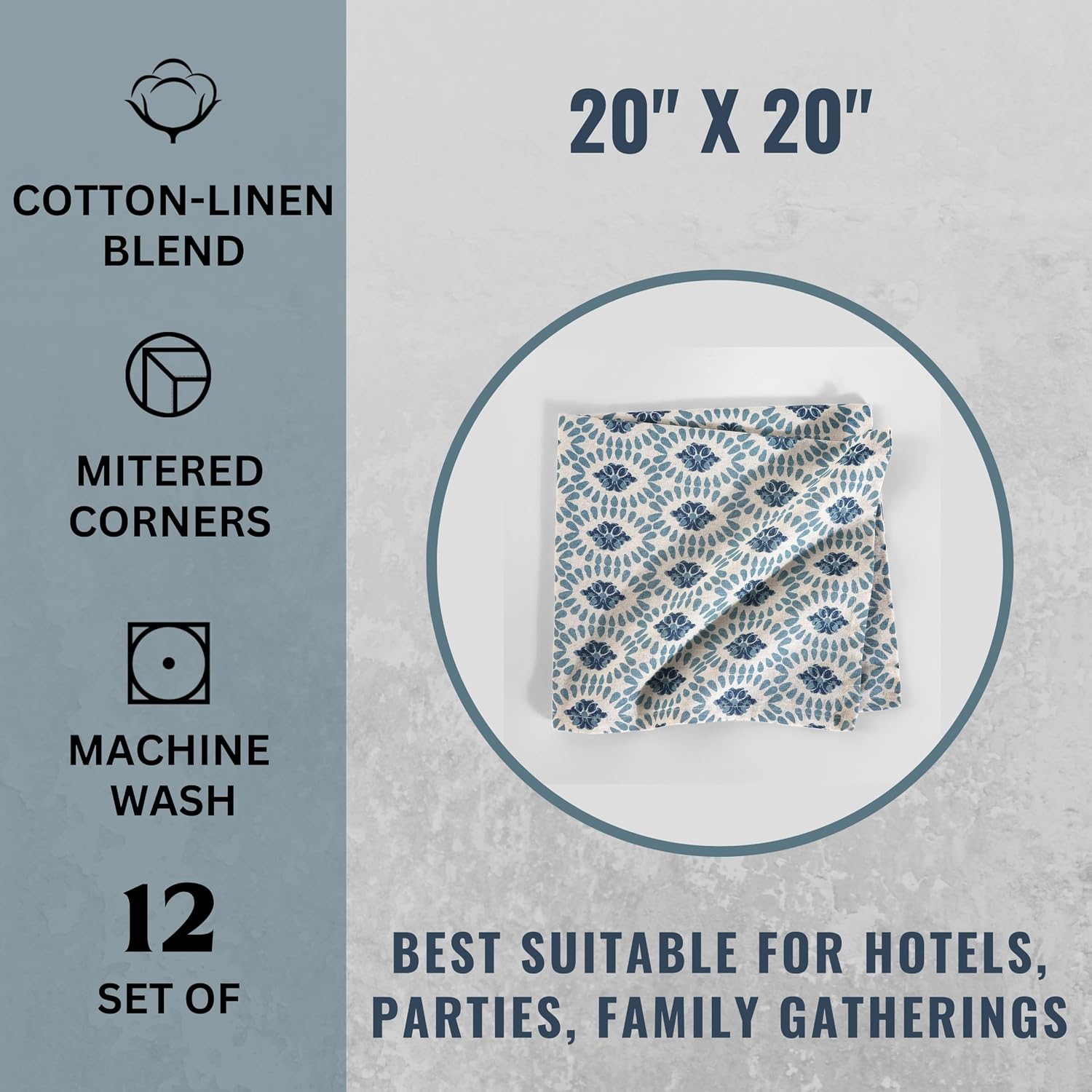 FINGERCRAFT Cloth Napkins Set of 12 Cotton Linen, 20x20 in Moroccan Beauty | Mitered corner, washable, soft, absorbent