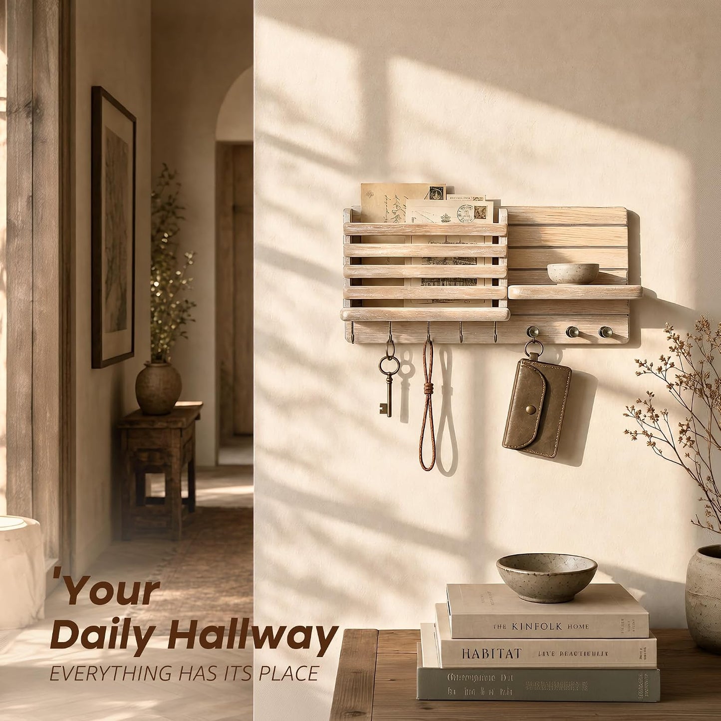 Pine Wood Key Holder Wall Mount / Natural Wood