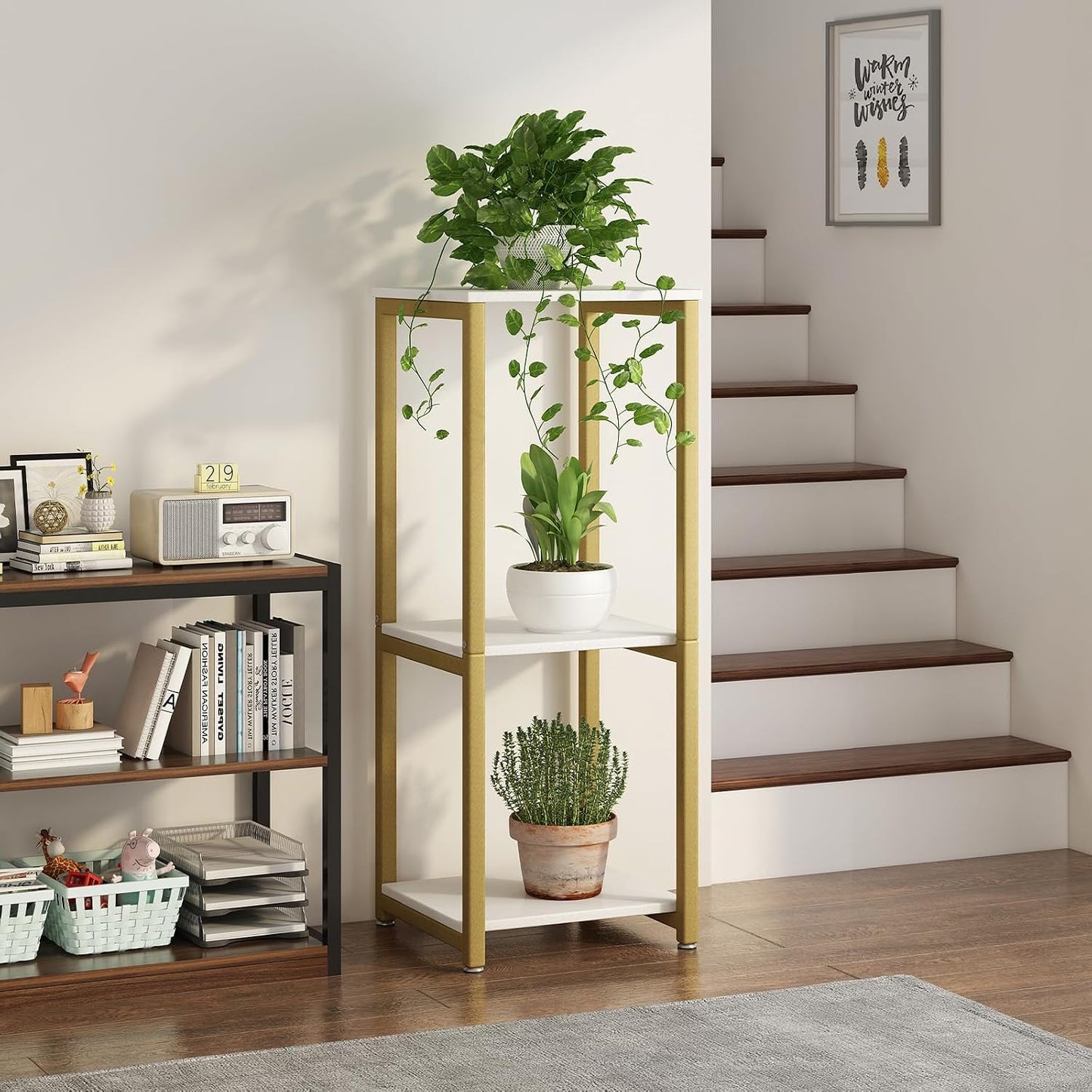 3 Tier Plant Stand Indoor Corner Tall Square Shape Plant Shelf | Modern Metal MDF board Flower Storage,Suitable tight