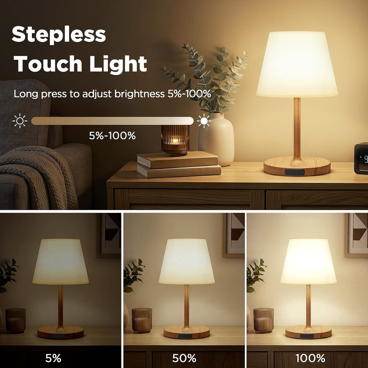 LUTEC 2 Pack Shower Lamp Waterproof, 6000mAh Rechargeable Cordless Table Lamp with 3 Color Temps and Stepless Dimming