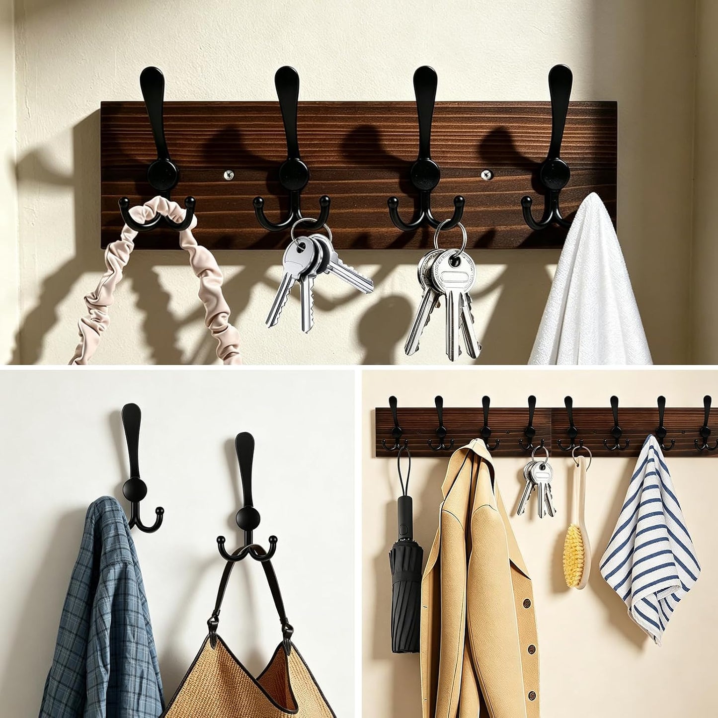 31.5" Large Coat Rack Wall Mount Coat Hooks with 8 Black Metal Triple Hooks, 1.4cm Thick Solid Pine Wood Wall Hooks for