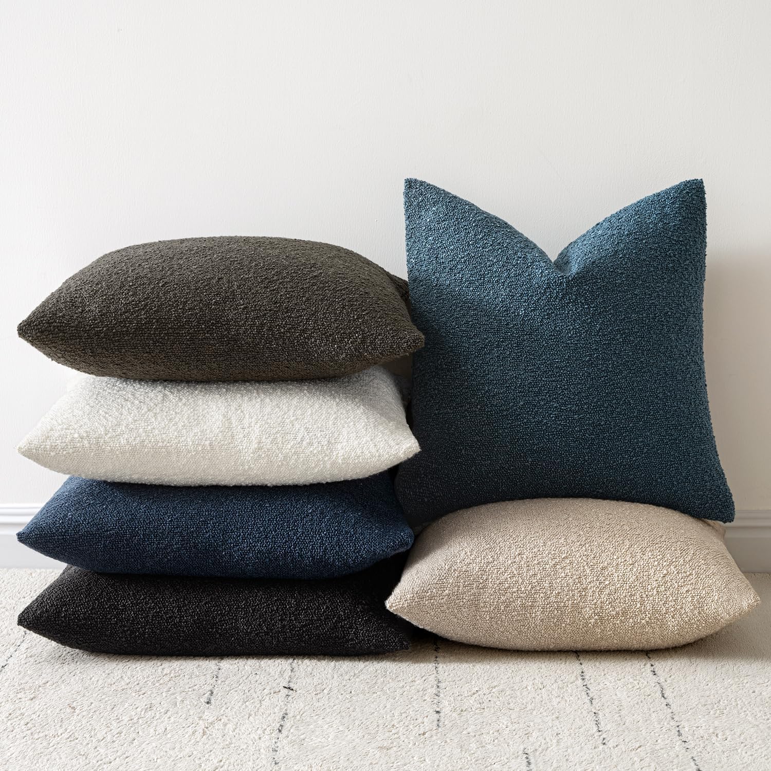 Decorative Boucle Throw Pillow Covers Textured Square Pillowcaes / 18 x 18 / Dark Blue / Set of 2