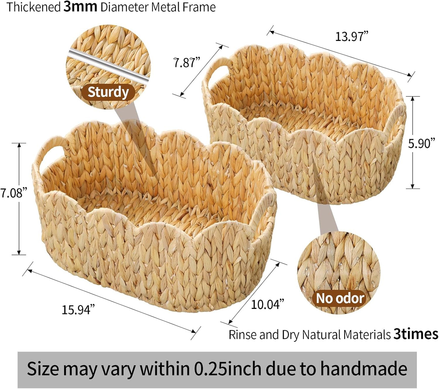 Scalloped Basket / Hand-Woven Wicker Storage Baskets / Oval / Set of 2