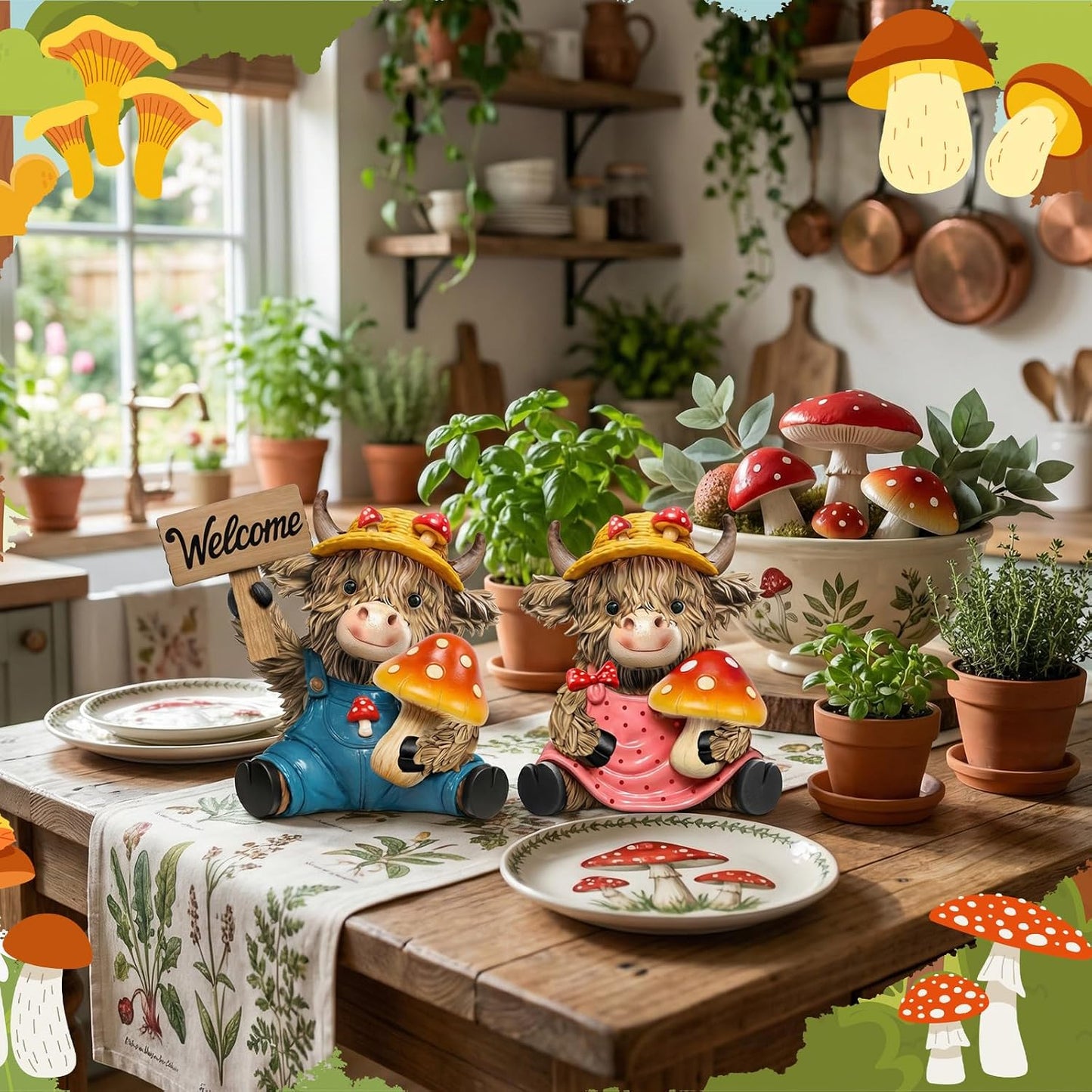 Welcome Resin Statue for Spring / Mushroom / Set of 2