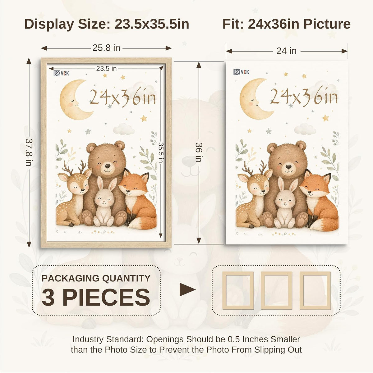 VCK 24x36 Poster Frame Set of 3, Natural Oak Woodgrain, Wall Hanging | Wide Border, Exclusive Woodgrain, Shatterproof