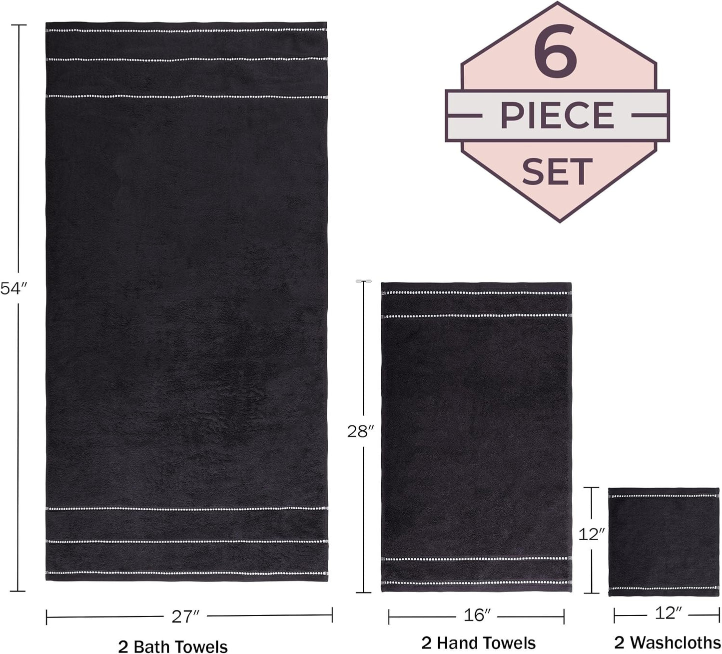 Lavish Home Bathroom Towels Set, Bathroom Accessories, Black, Set of 6 | Includes 2 Bath Sheets, 2 Hand Towels, and 2