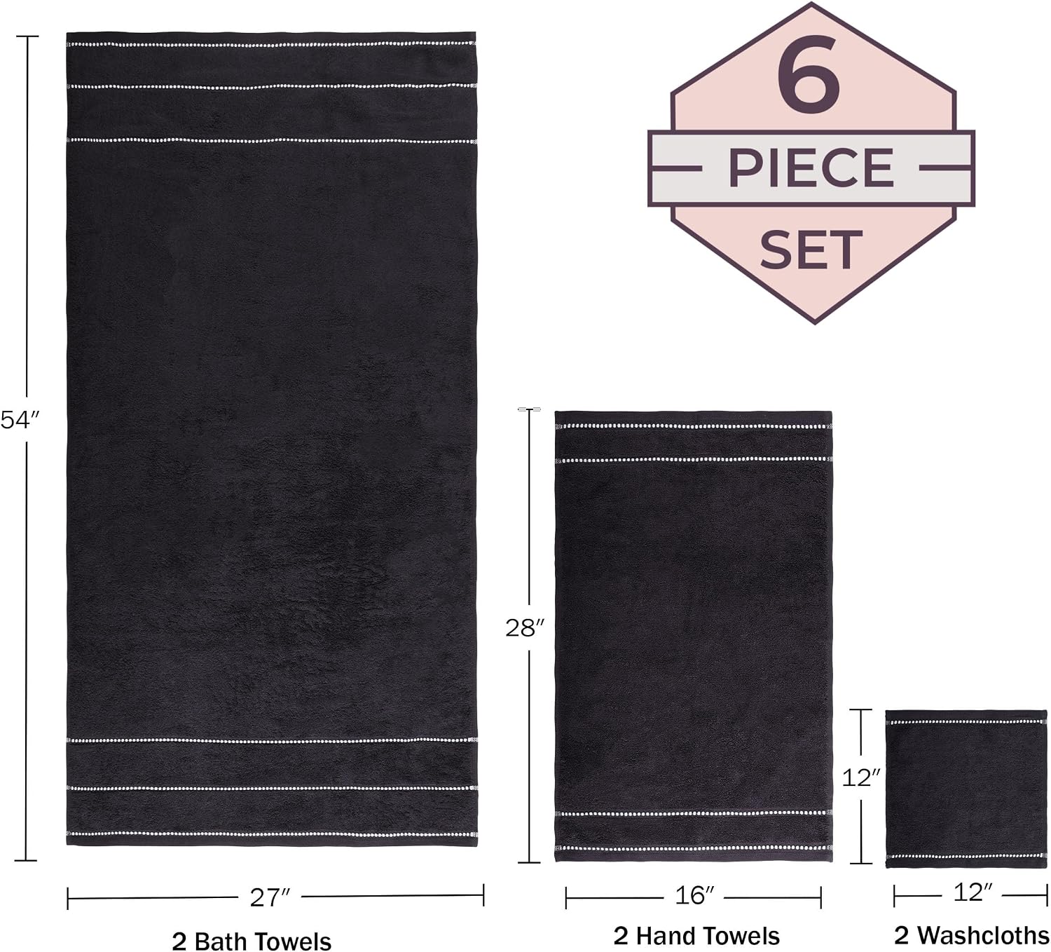 Lavish Home Bathroom Towels Set, Bathroom Accessories, Black, Set of 6 | Includes 2 Bath Sheets, 2 Hand Towels, and 2