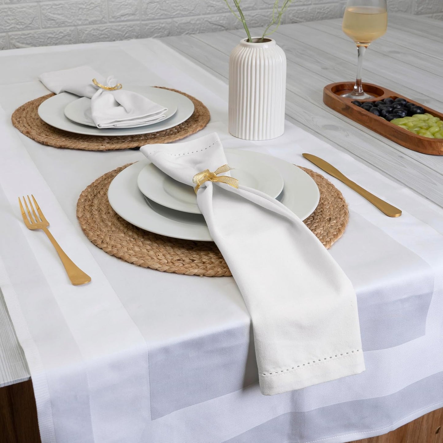 Blue Needles Set of 12 Hemstitch Linen Napkins 100% Cotton White Cloth Dinner Napkins 18x18 inches, Soft, Reusable