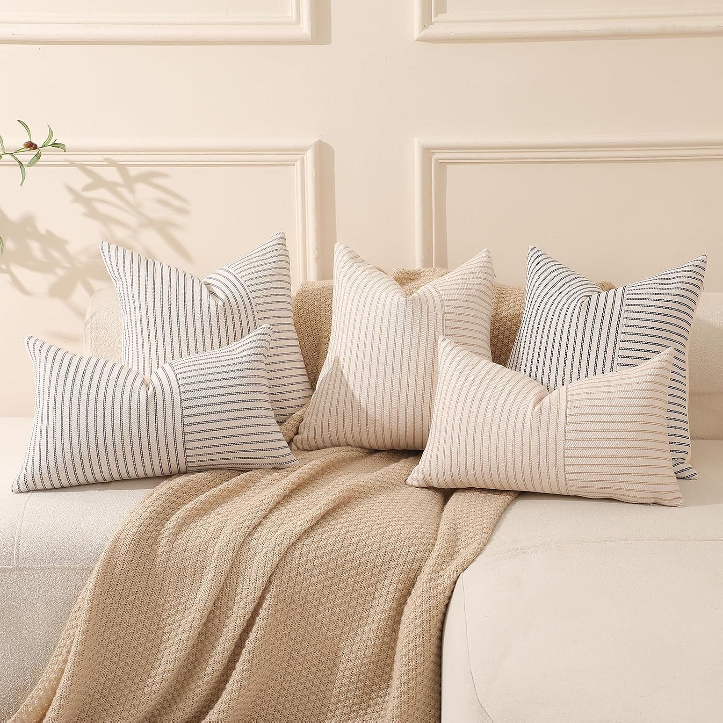 Beige Patchwork Farmhouse Throw Pillows Covers / Black / 18 x 18 / Set of 2