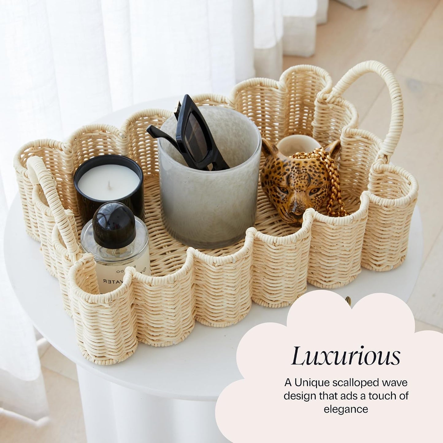 Wavy Scalloped Rattan Tray / 19 x 9 x 6.5