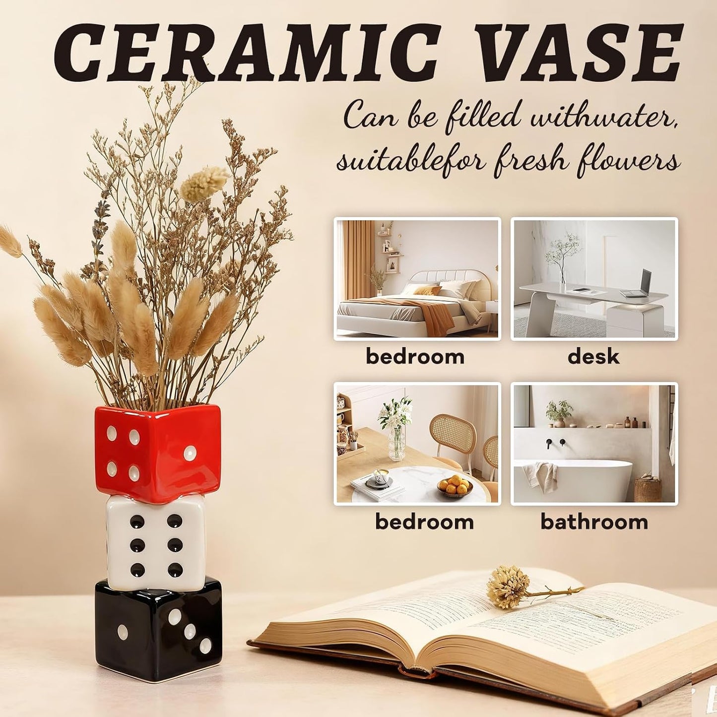 Unique Ceramic Small Vase / Red, White and Black Dice Vase