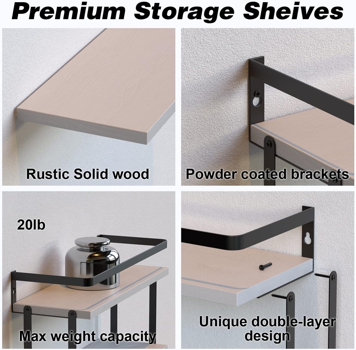 RICHER HOUSE Floating Shelves Bathroom, Wall Mounted Shelf Over Toilet | 2+1 Tier, with Metal Rail, Towel Rack, Paper
