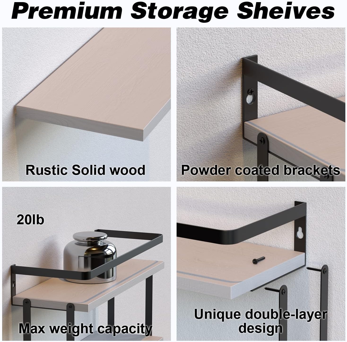 RICHER HOUSE Floating Shelves Bathroom, Wall Mounted Shelf Over Toilet | 2+1 Tier, with Metal Rail, Towel Rack, Paper